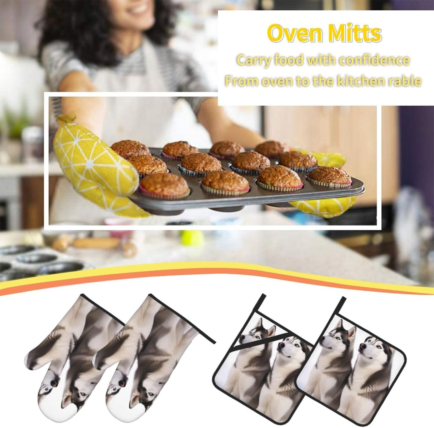 Oven Mitts and Pot Holders 4 pcs Set Oven Glove for Cooking Husky Dogs Oven Mitt Heat Resistant Kitchen Oven Gloves and Hot Pads Non-Slip Cooking Gloves for Baking Kitchen Hot Pads for Grilling