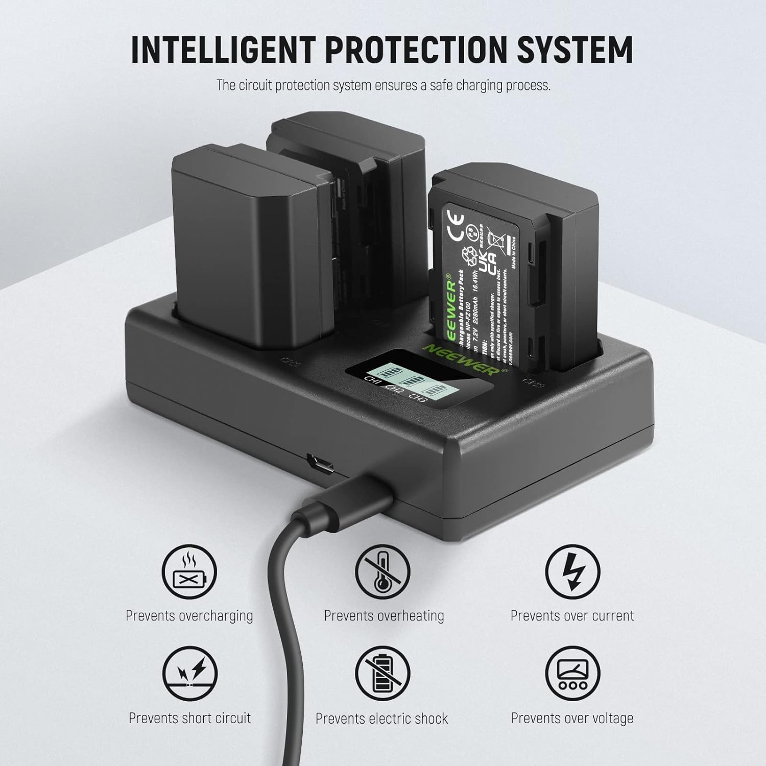 NEEWER NP-FZ100 Replacement Battery and Charger Set, 3 Pack 2280mAh NP-FZ100 Battery&Triple Slot USB Charger Compatible with Sony A1, A9, A9 II, A7R IV, A7S III, A7 III, A7 IV, A6600, A7C