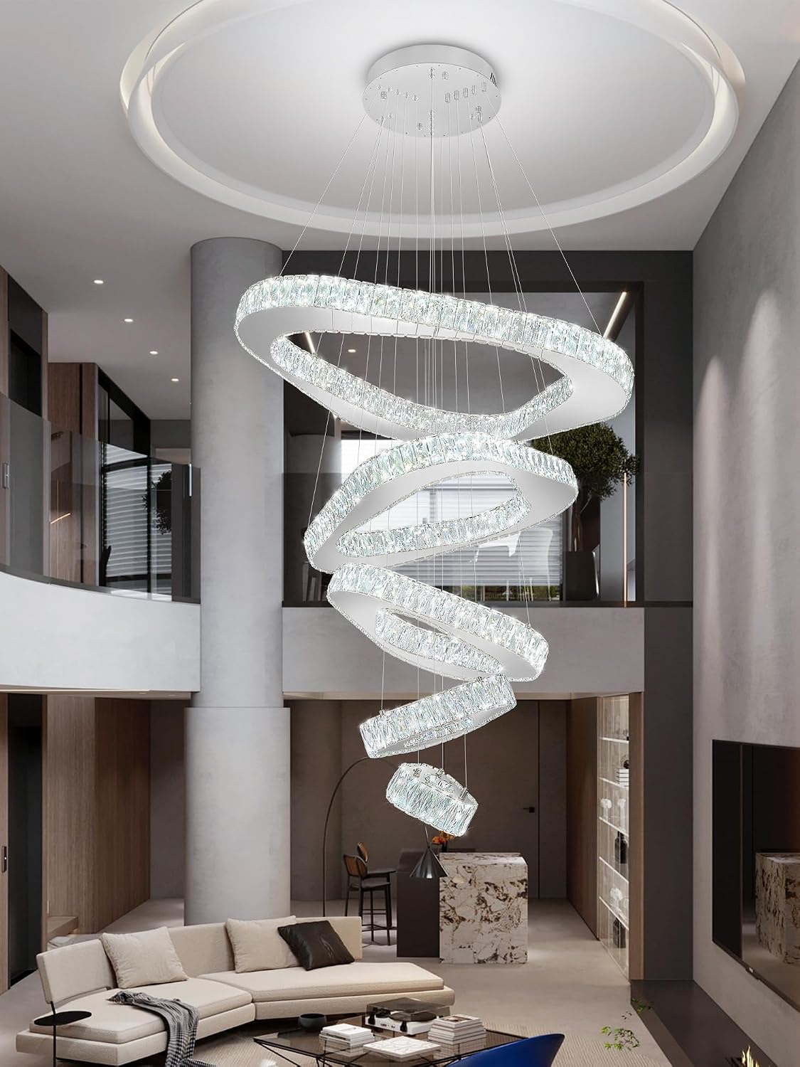 Large Crystal Chandelier Modern LED Dimmable Contemporary Chandelier Large Pendant Light for Living Room Foyer Staircase Silver Dia 40"