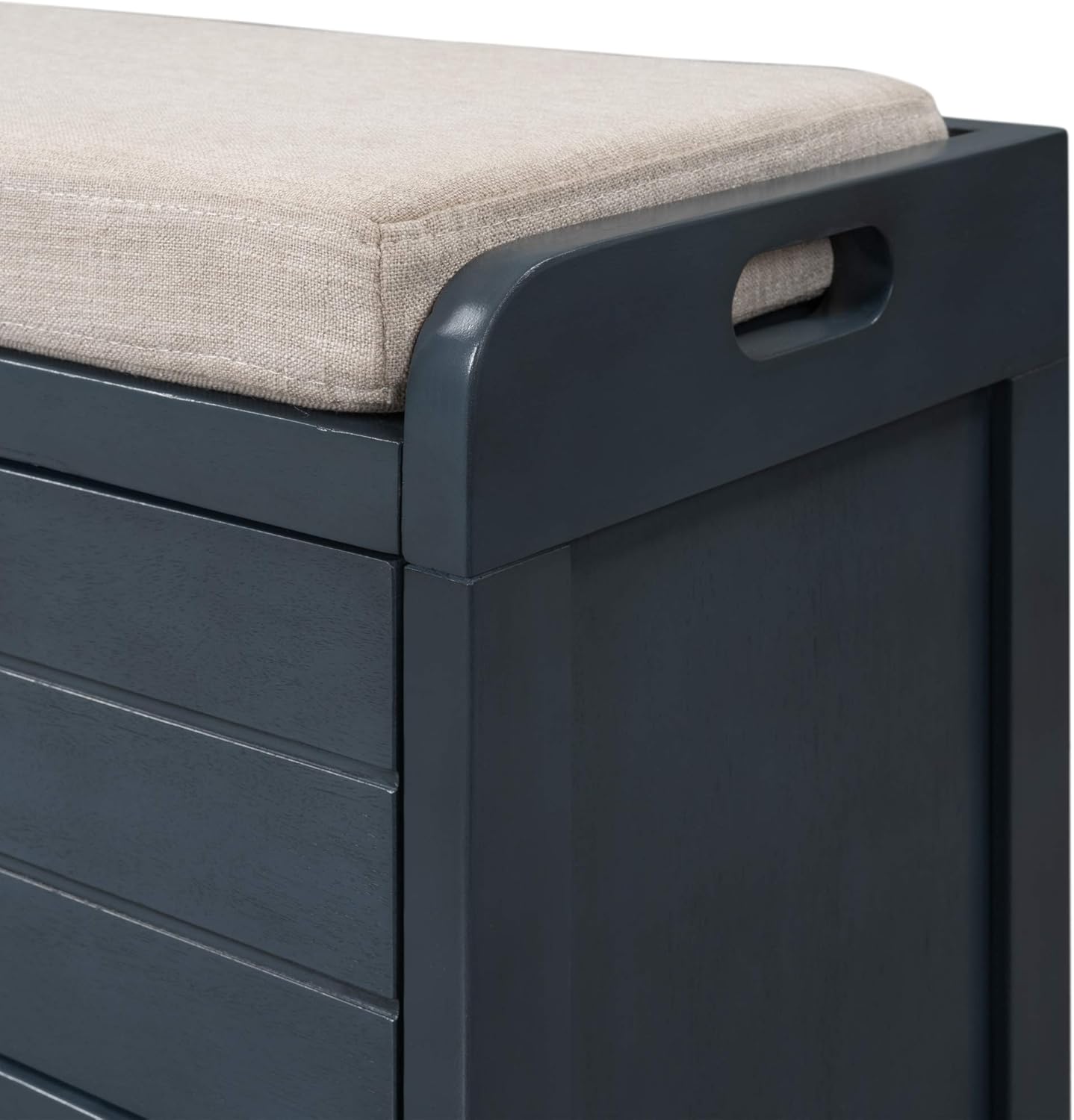 Wood Storage Bench with 1 Basket and 2 Drawers,Fully Assembled Shoe Stool,W/Removable Cushion,for Hallway,Entryway,Bedroom,Living Room,Navy, 32"