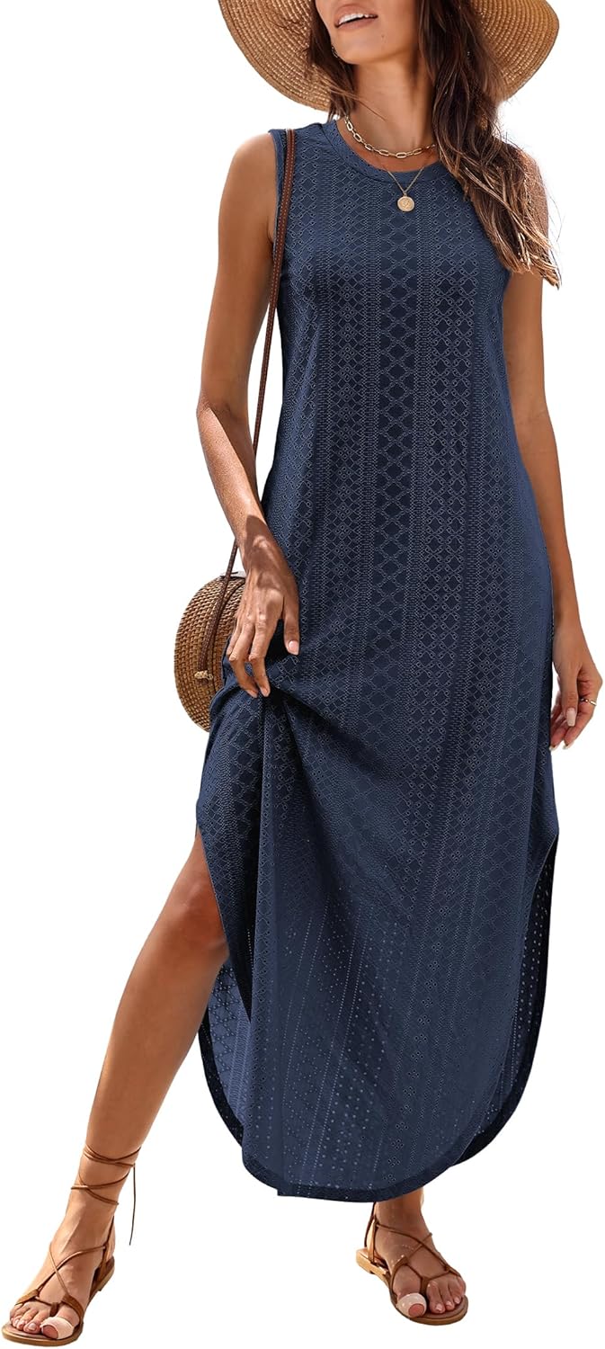 ANRABESS Women Maxi Dress Summer Casual Loose Sleeveless Sundress Coverup Beach Eyelet Dresses 2026 Vacation Travel Outfits