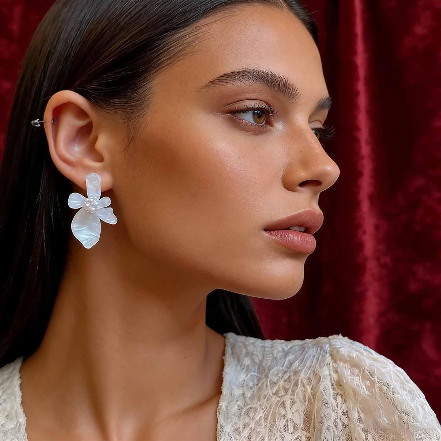 Boho Acrylic Pearl Flower Earring Cluster Pearl Flower Stud Earring Irregular White Resin Floral Earrings Vintage Floral Wedding Earrings Jewelry for Women - Image 6