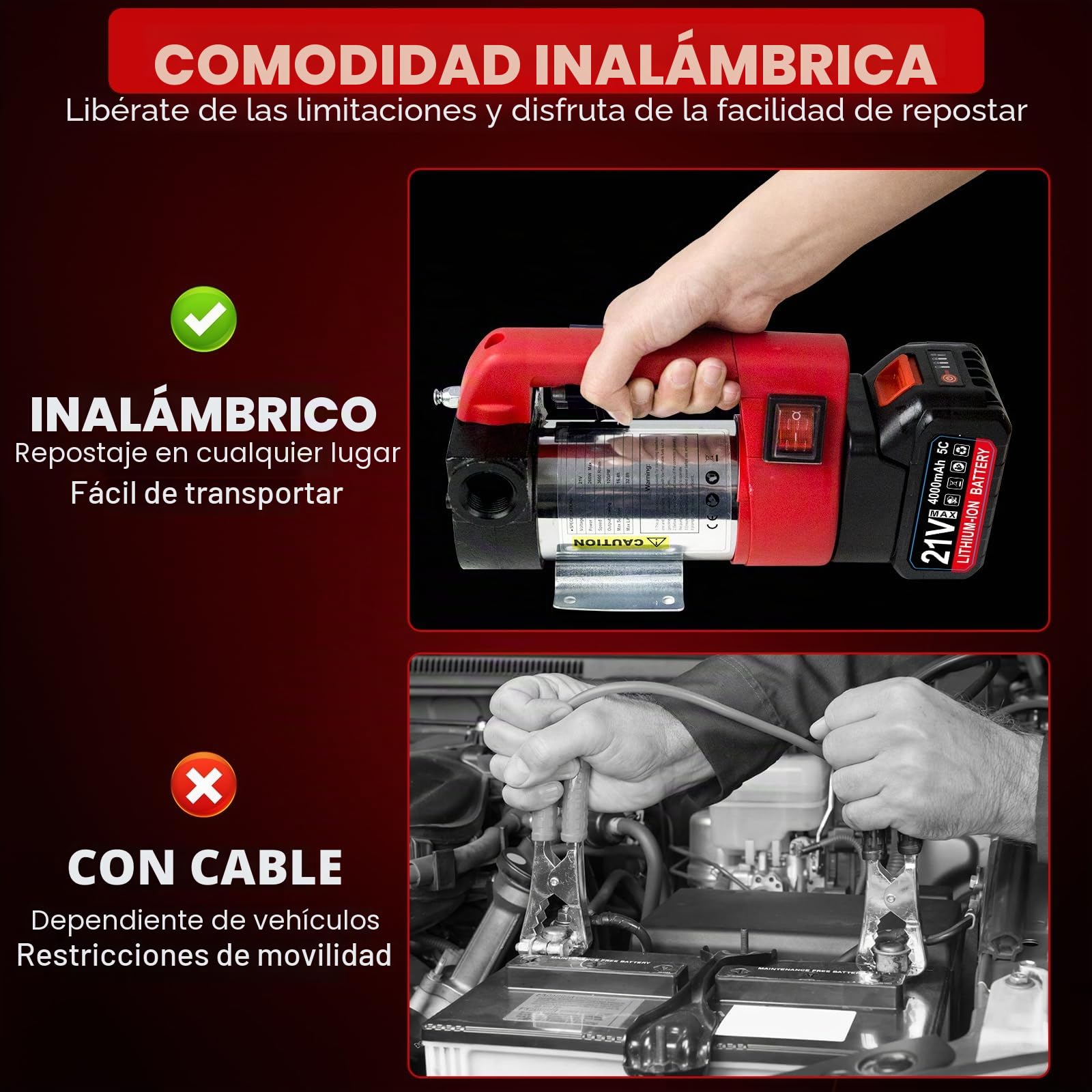 Eléctrica Bomba de Transferencia de Diesel, Bomba de transferencia | combustible, Bomba Extractora de Fluido Diesel, Inalámbrica, Autocebante, Portátil, 45L/Min, 260W, con1X4.0Ah Batería