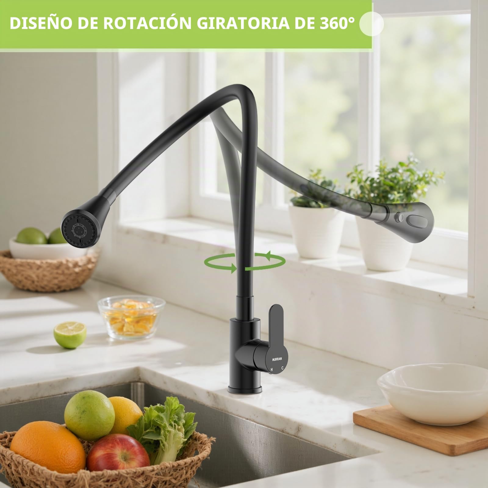Hurran Grifo Cocina Con 3 Modos de Rociado Negro Mate | Caño Giratorio de 360°, Manguera de Silicona, Mezclador Monomando de Acero Inoxidable