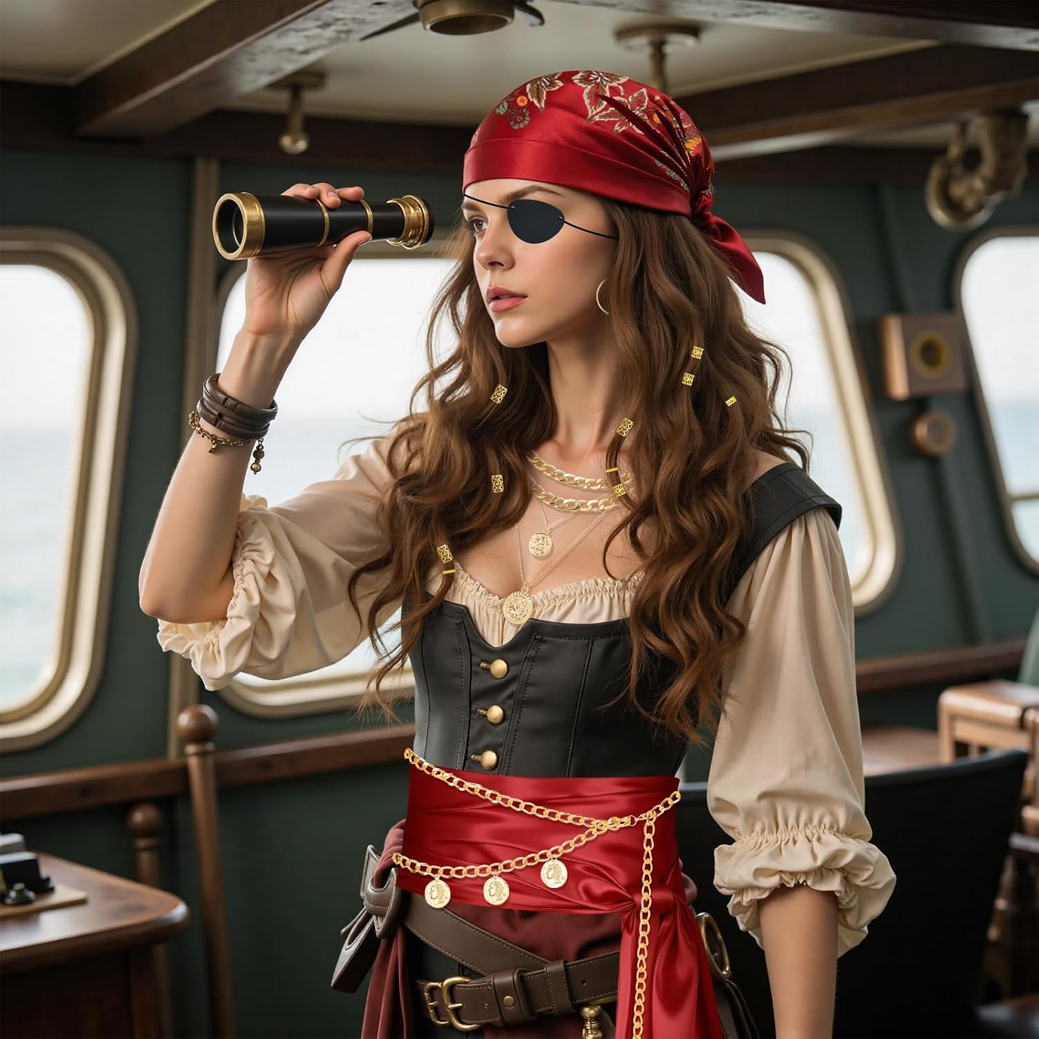 47PCS Womens Pirate Costume Accessories Set, Pirate Bandana, Sash, Eye Patch, Waist Chains, Necklace, Earrings