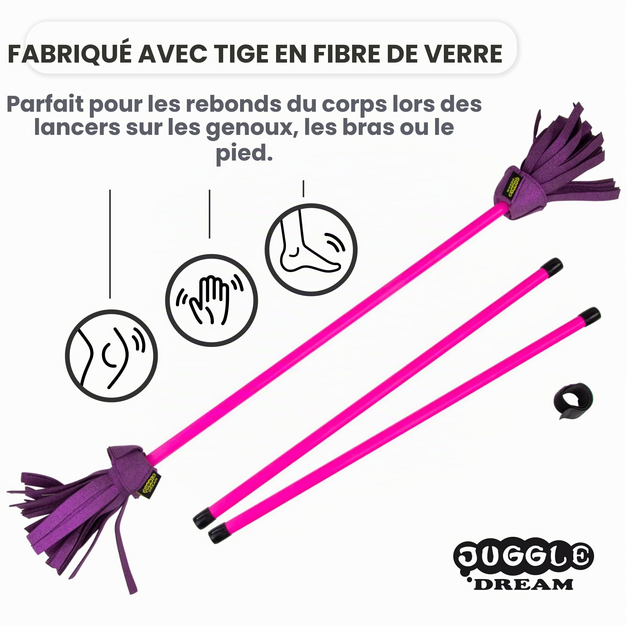 Juggle Dream Neo Flowerstick Kit Comprenant Baguettes en Fibre de Verre, Grip en Silicone, Franges en Daim, Jonglier Flower Stick (Rose/Violet)
