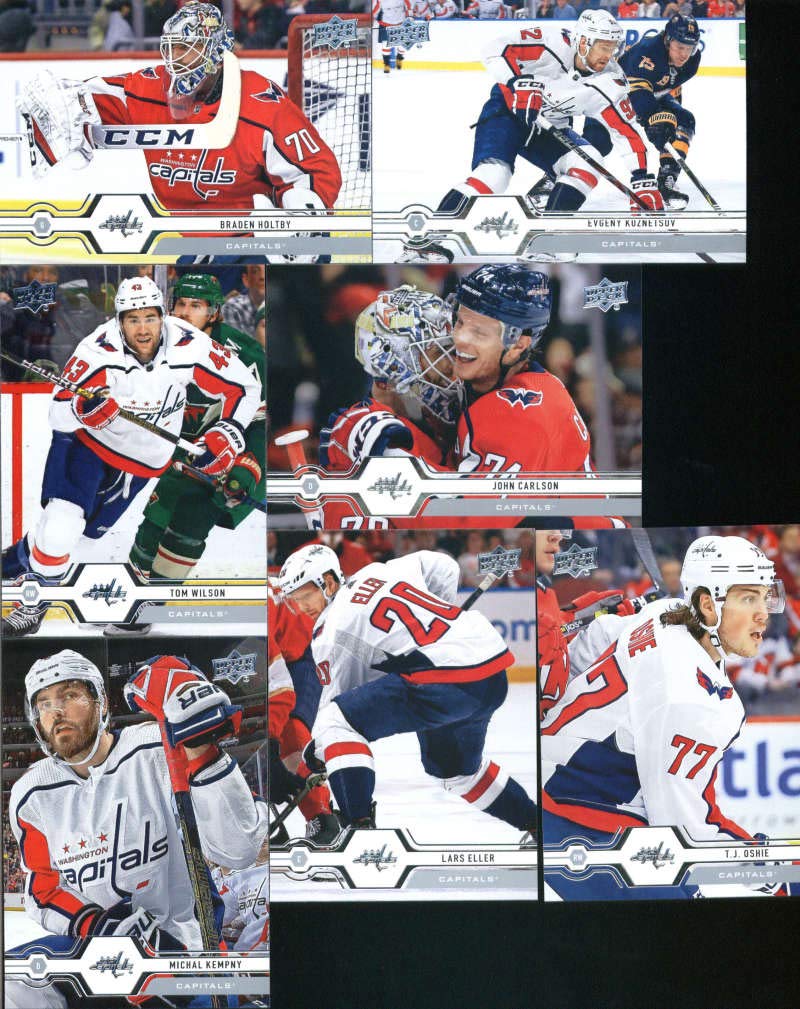 2019-20 Upper Deck Series 1 & 2 Veteran Washington Capitals Team Set of 13 Cards: Evgeny Kuznetsov(#59), Tom Wilson(#60), T.J. Oshie(#61), Lars Eller(#62), Michal Kempny(#63), John Carlson(#64), Braden Holtby(#65), Alexander Ovechkin(#310), Nicklas Backstrom(#311), Radko Gudas(#312), Dmitry Orlov(#313), Carl Hagelin(#314), Jakub Vrana(#315)