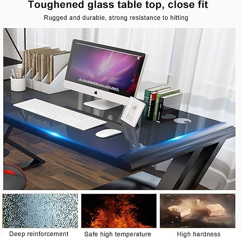 Miniatura 8 de Escritorio de computadora con parte superior de vidrio y marco de metal, mesa ergonómica para juegos, escritorio de videojuegos en forma de Z,