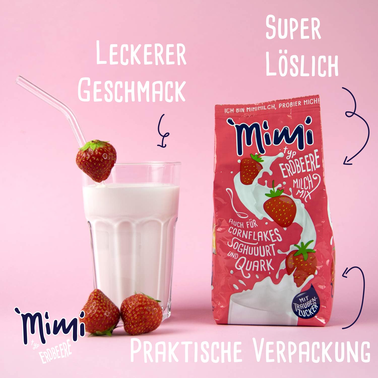 Mimi Milk Mix Fresa Bebida Polvo 12 x 400 g - Pack de Almacenamiento - Polvo de bebida soluble en leche con sabor a fresa - Soluble en frío y caliente - Ideal para ocio, oficina, familia grande