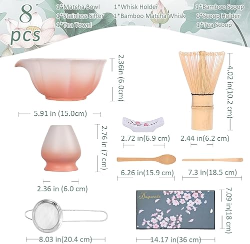 Miniatura 3 de Joyscale Juego de batidor de matcha rosa, juego de batidor y cuenco, juego de 8 piezas de matcha (diseño de loto), 11 onzas, juego de té Matcha, kit