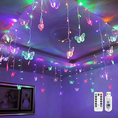 Cortina de luces de mariposa, 8 modos, 120 LED, USB, ventana, luciérnaga, temporizador, 24 mariposas con control remoto, alambre de cobre