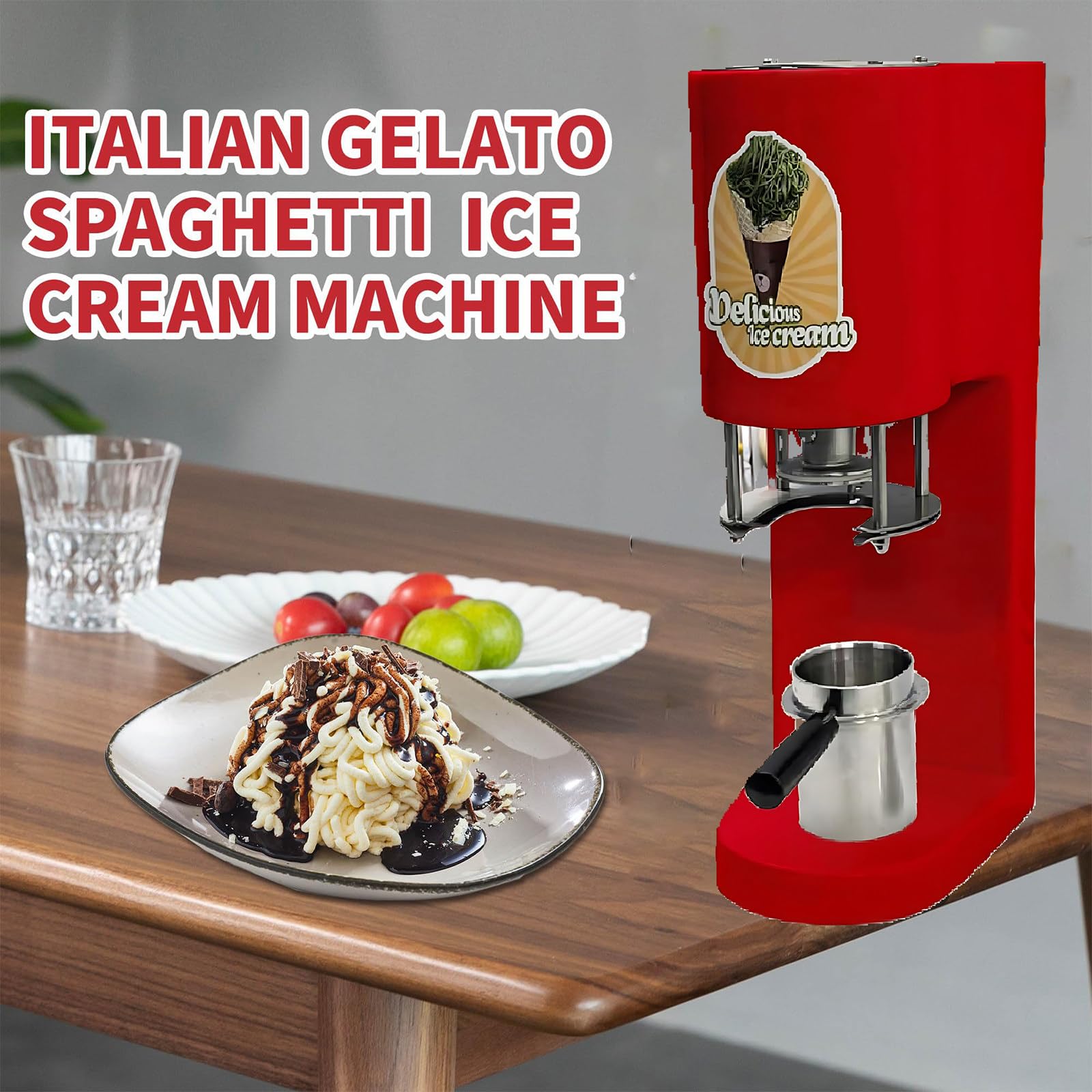 Sorbetière Spaghetti Professionnelle, Presse À Glace Électrique 80 W, Acier Inoxydable, 4 Moules, 30 X 20 X 57 Cm, Simple D'utilisation, pour Glaciers Et Desserts,Red
