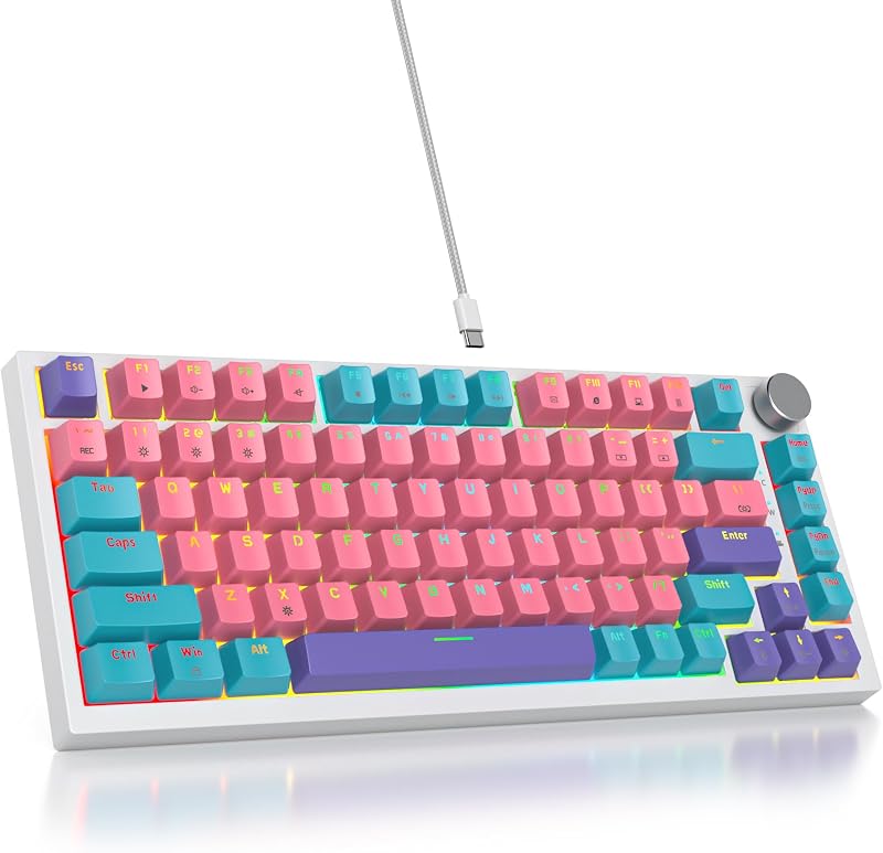 SOLIDEE Verkabelte Mechanische Gaming Tastatur 75%,hot-swap-fähige mechanische Tastatur Gasket Struktur,RGB Hintergrundbeleuchtung,QWERTY 82 Tasten TKL Gaming Tastatur mit Drehknopf(82 Pink)