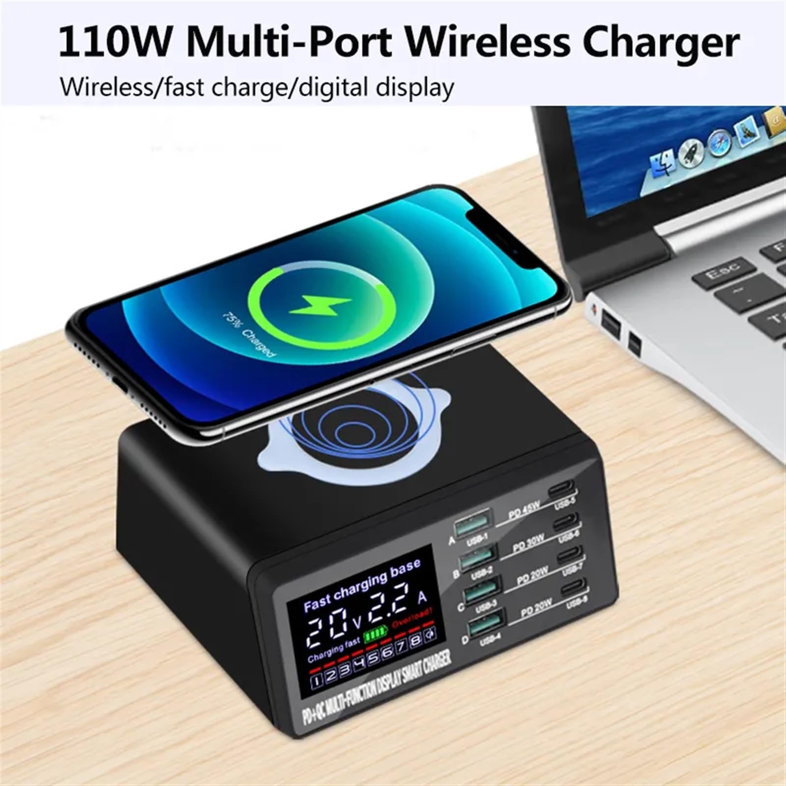EDEDE Chargeur USB Multiple, Station de Recharge sans Fil W 8 Ports PD, Chargeur Rapide USB Quick 3.0, Adaptateur HUB pour Smartphone(X9D)