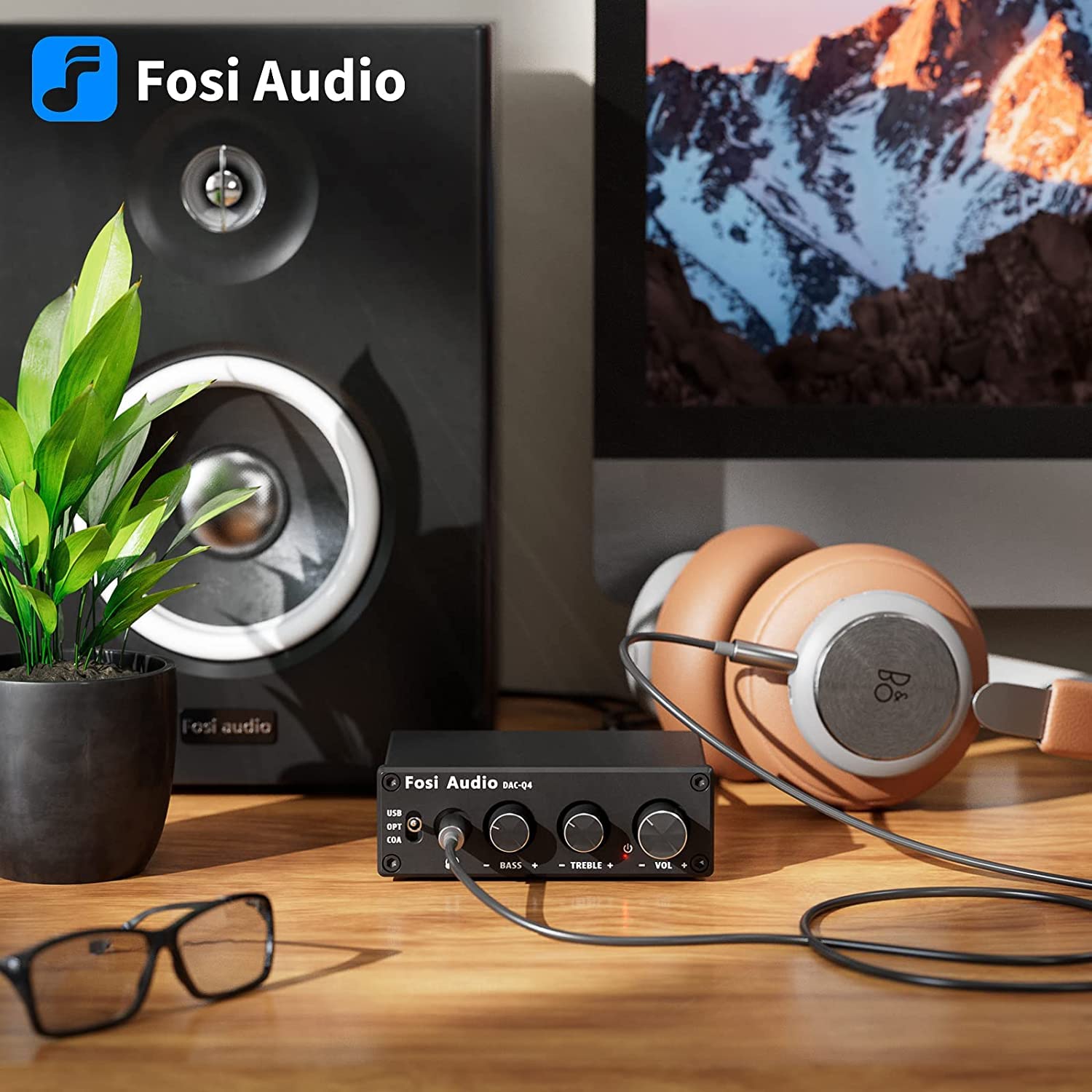 Fosi Audio Q4 Kopfhörer Verstärker, 192 kHz USB DAC, USB/Optisch/Koaxial auf 3,5 mm AUX/RCA Ausgang, Gaming DAC AMP für PS5/PC/MAC