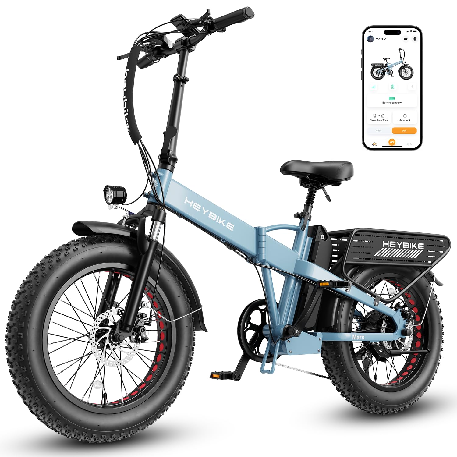 Heybike Mars 2.0 Electric Bike for Adults,【28MPH&1400W Peak Motor】，624Wh Removable Battery with 50 Miles Max Range, UL Certificated Folding Electric Bicycle with 20"×4" Fat Tire and Full Suspension