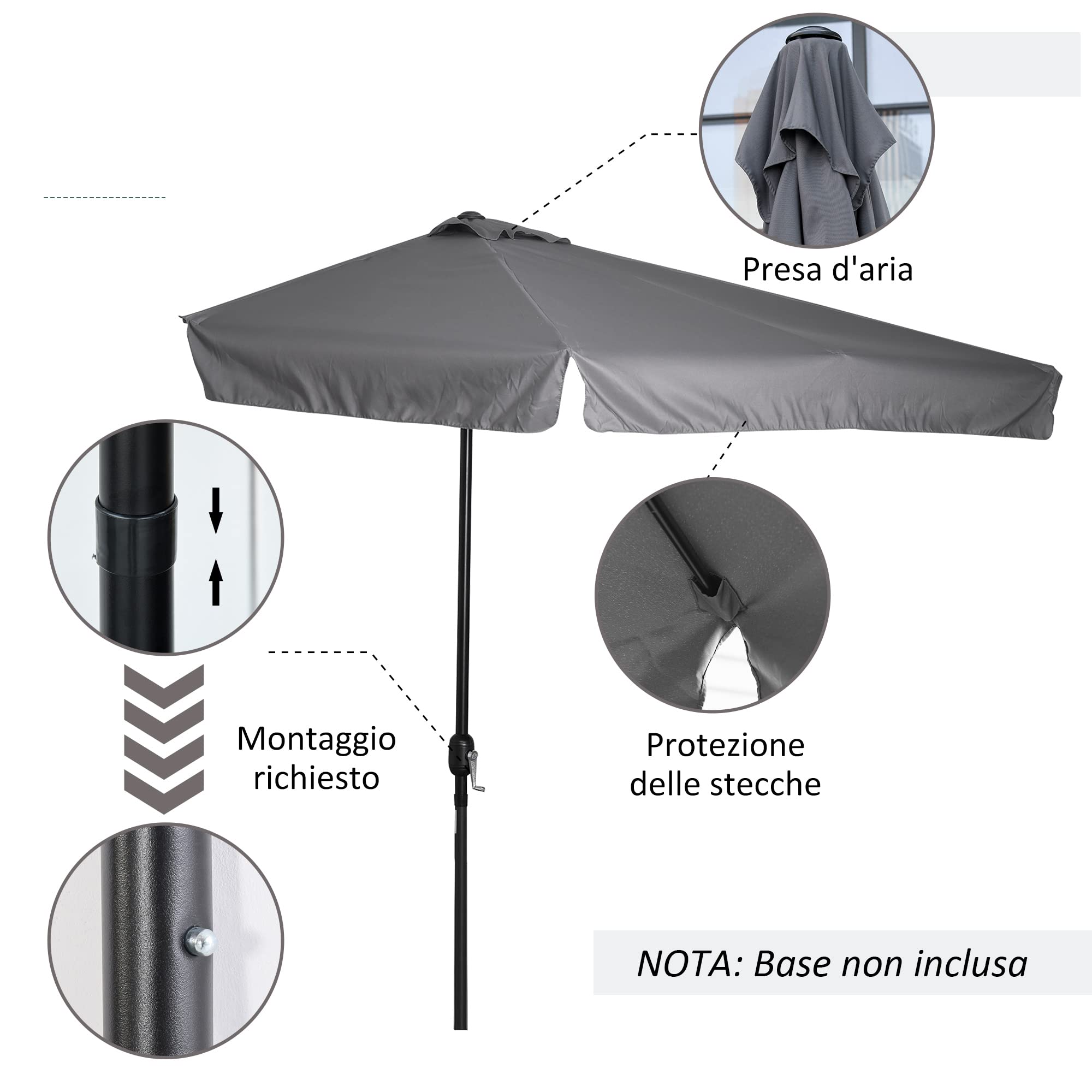 Outsunny Ombrellone Semicircolare per Parete con Manovella 2.3x1.3m | da Terrazza, Giardino e Balcone, Ombrellone in Metallo, Tessuto in Poliestere 180g/m²
