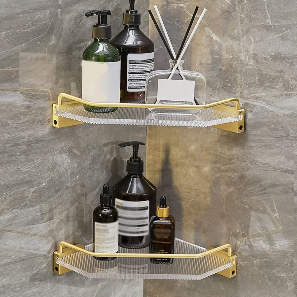 BAHELS Corner Shower Caddy Acrylic Bathroom Wall Corner Shelf Shower Rack Holder Wall Mounted Brushed Gold Corner Shelves