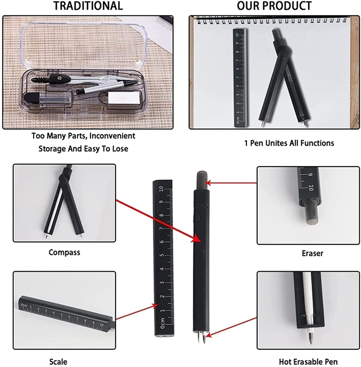 AKAZI Kompass-Set Multifunktionaler 4-in-1-professioneller Zeichenkompass mit löschbarem Stift, Lineal, Radiergummi für Geometrie, Zeichnen, Mathe-Ingenieur, Studenten, Geometrie-Set
