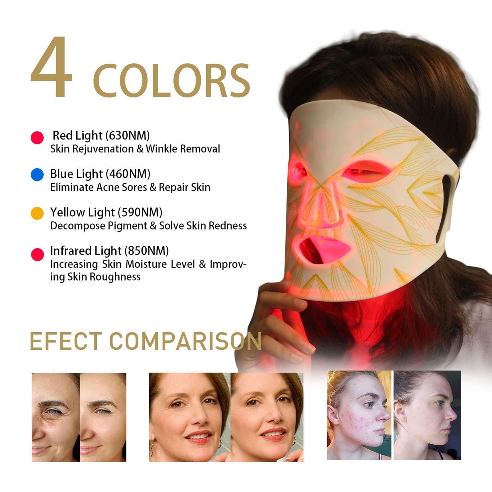 Maschera A Luce LED Antirughe, 4 Colori Maschera per Terapia della Luce, Maschera per la Terapia della Luce del Viso a LED con Telecomando, Sbiancamento Viso