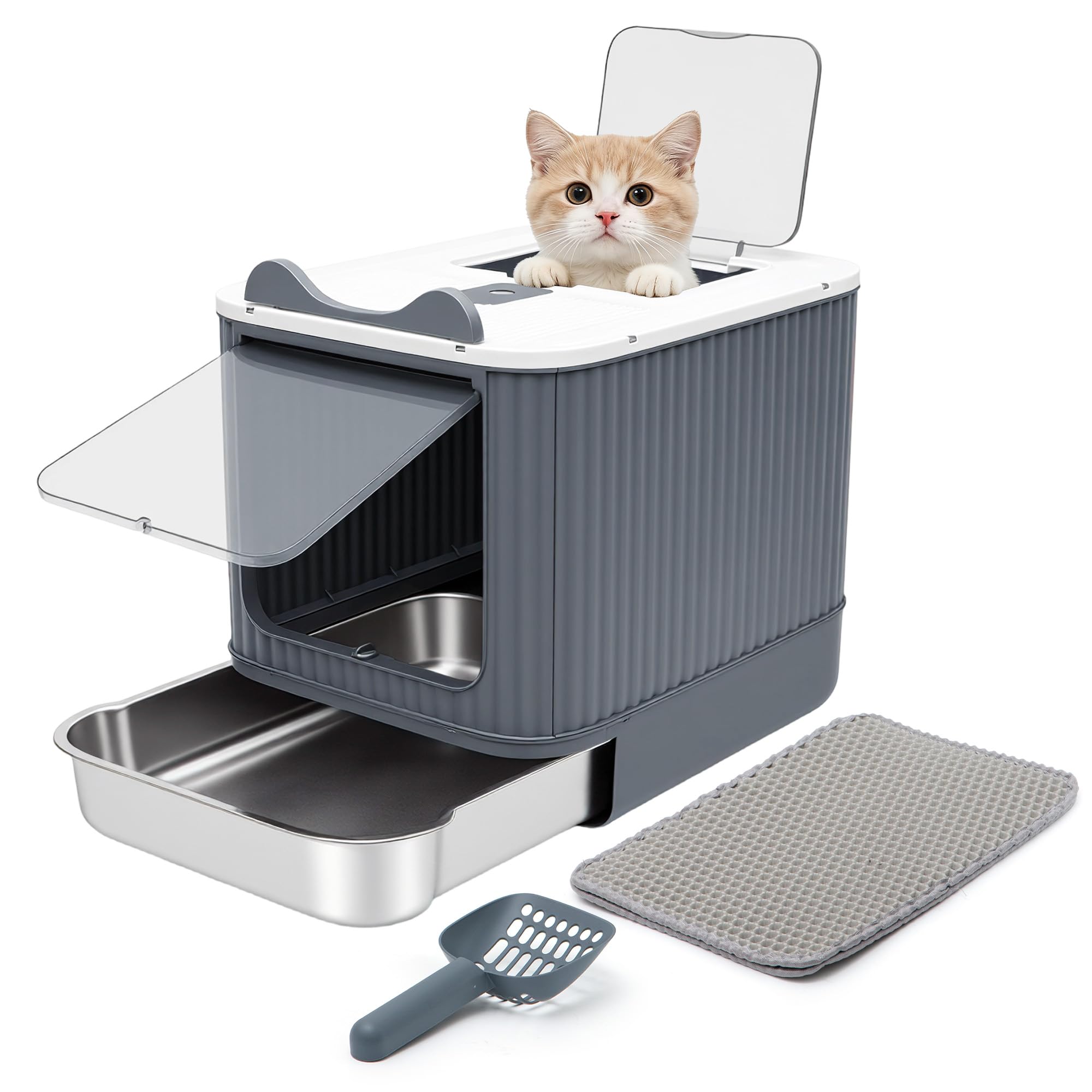 Arenero Gatos Cubierto, Arenero Cerrado para Gatos, Cajón extraíble, Incluye Pala, Catbox, Doble Entrada Frontal y Superior con Tapa