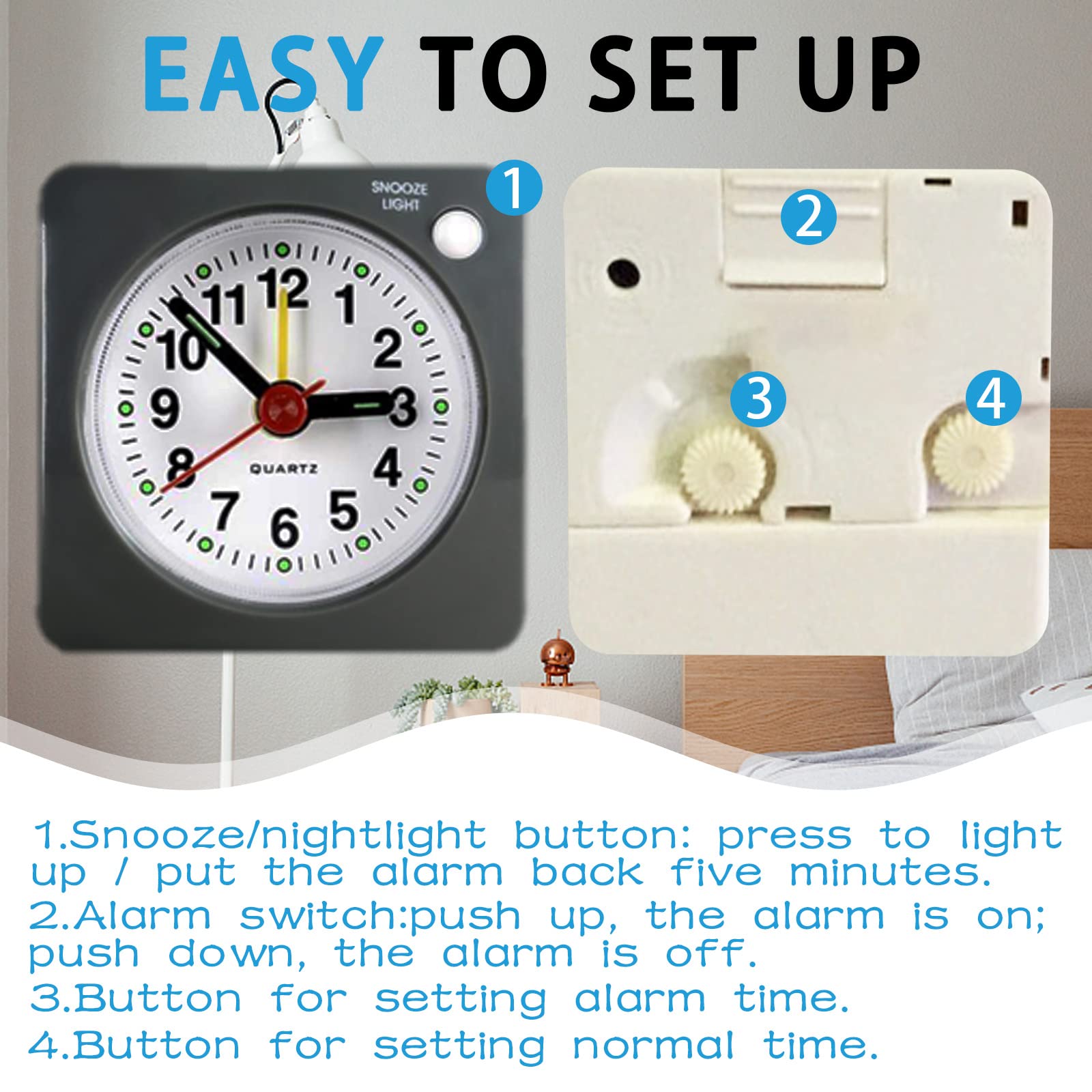Mini Sveglia Silenziosa Da Viaggio Con Snooze E Luce Notturna – Orologio Al Quarzo 6x6 Cm, Senza Ticchettio, Alimentata A Batteria, Grigia, Per Comodino E Camera Da Letto