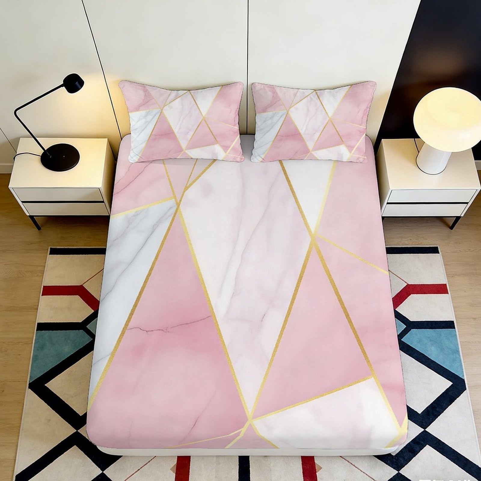 Jqzkxnhpbr Style-3 3D Printed Pink Geometric Fitted Sheet Microfiber Soft Bedroom Decor Abstract Triangle Mattress Cover For Home Dorm 90X200x25cm