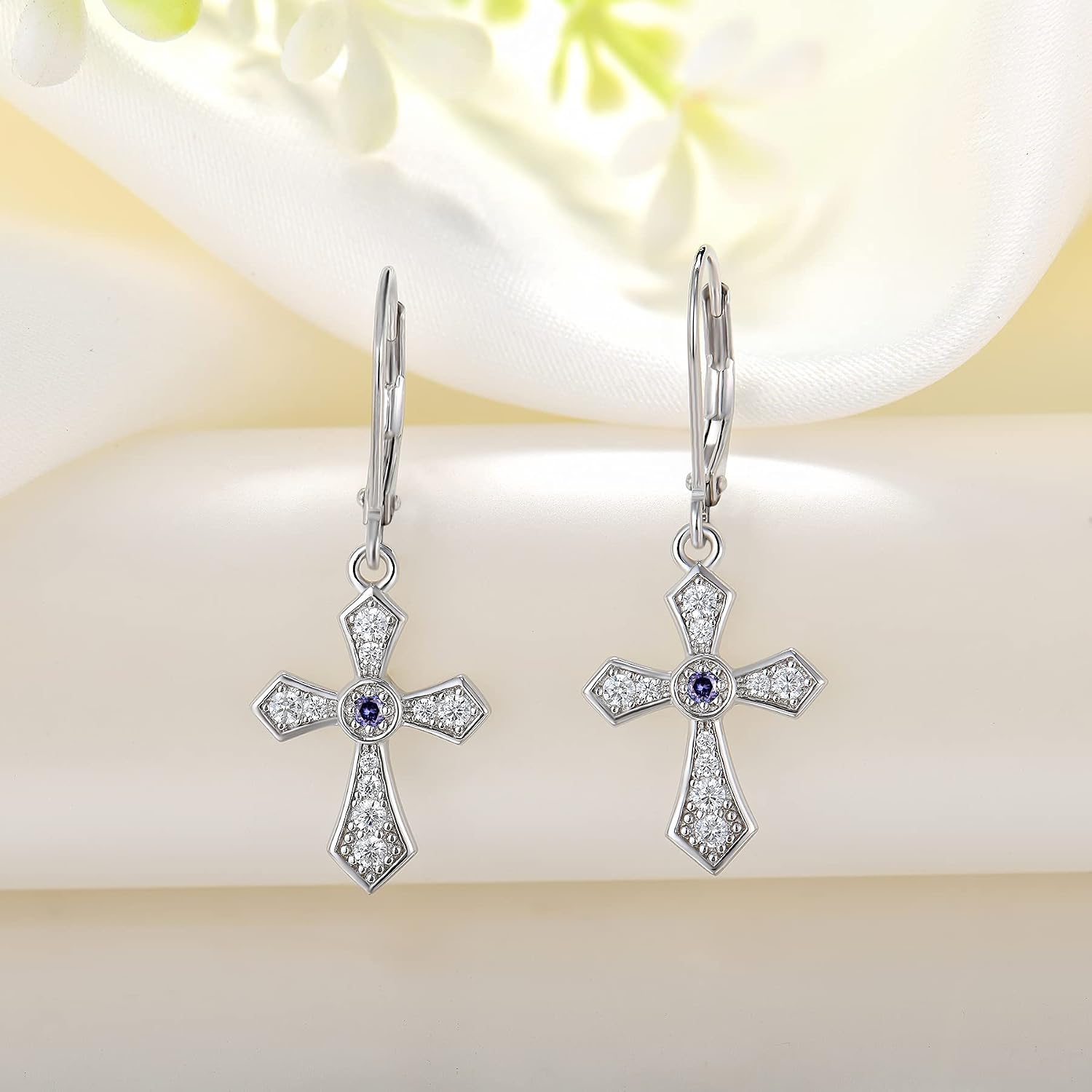 JO WISDOM Women Cross Earrings,925 Sterling Silver Leverback Cross Crucifix Dangle & Drop Earrings with 5A Cubic Zirconia,Jesus Jewelry for Women