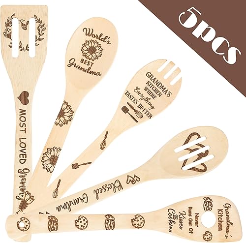 Miniatura 2 de Eartim Juego de 5 cucharas de madera para abuela, utensilios de cocina, cucharas antiadherentes, utensilios de cocina de bambú quemado, kit de
