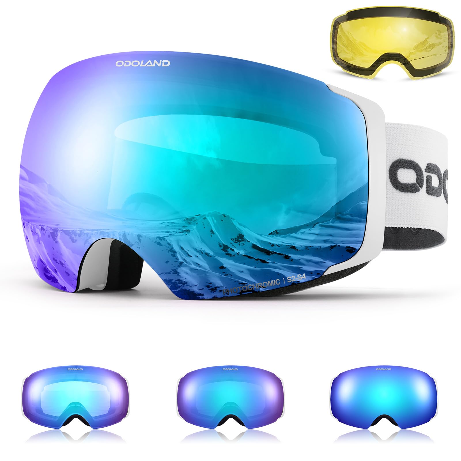 Odoland Occhiali da sci unisex per uomo e donna ragazzi occhiali da snowboard senza montatura con vetro magnetico intercambiabile protezione UV anti-nebbia occhiali da neve compatibili con casco per