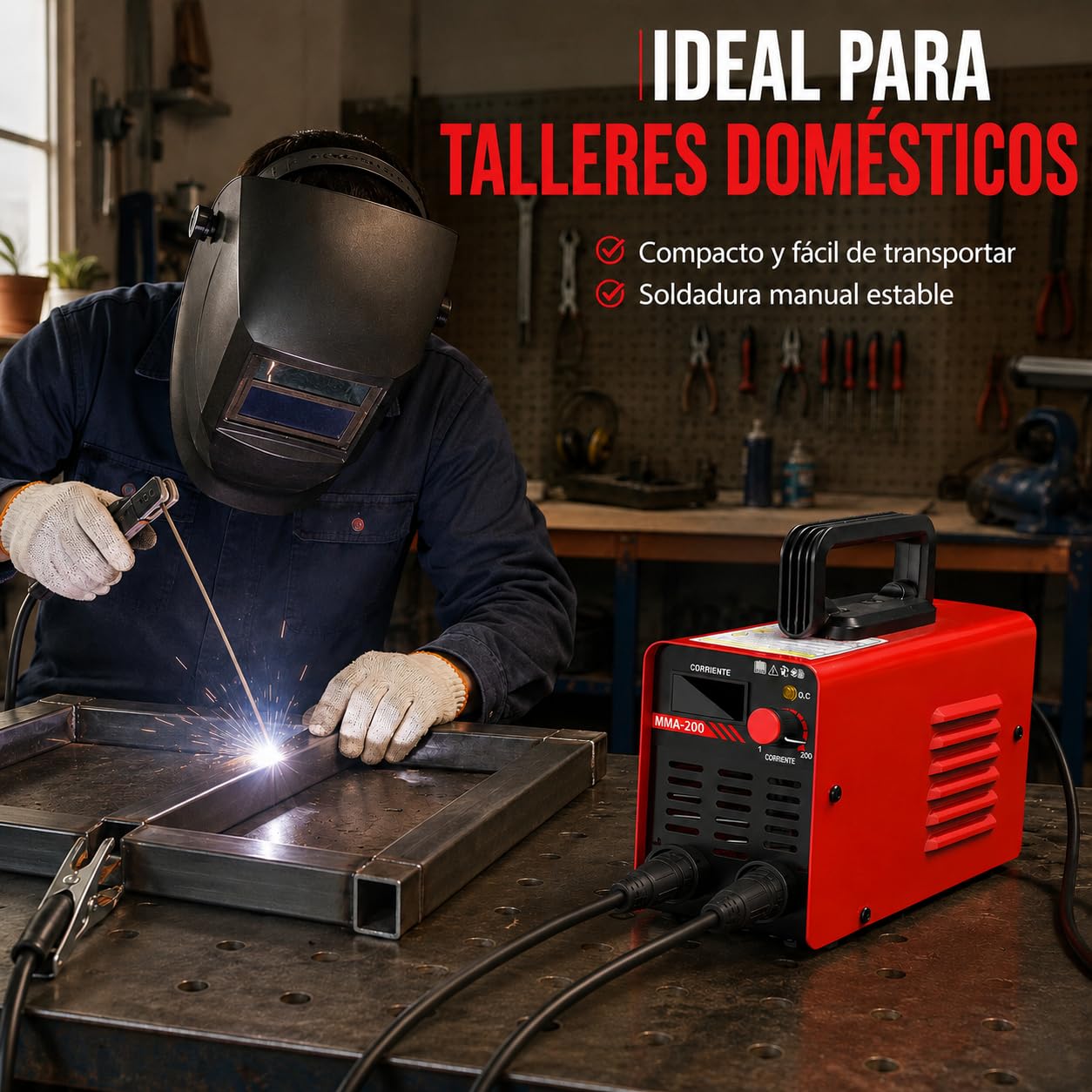 Soldadora de electrodo MMA de 200 A, soldadora de arco de 220 V con pantalla LED, kit con casco de soldadura, martillo para escoria, cepillo con arranque en caliente