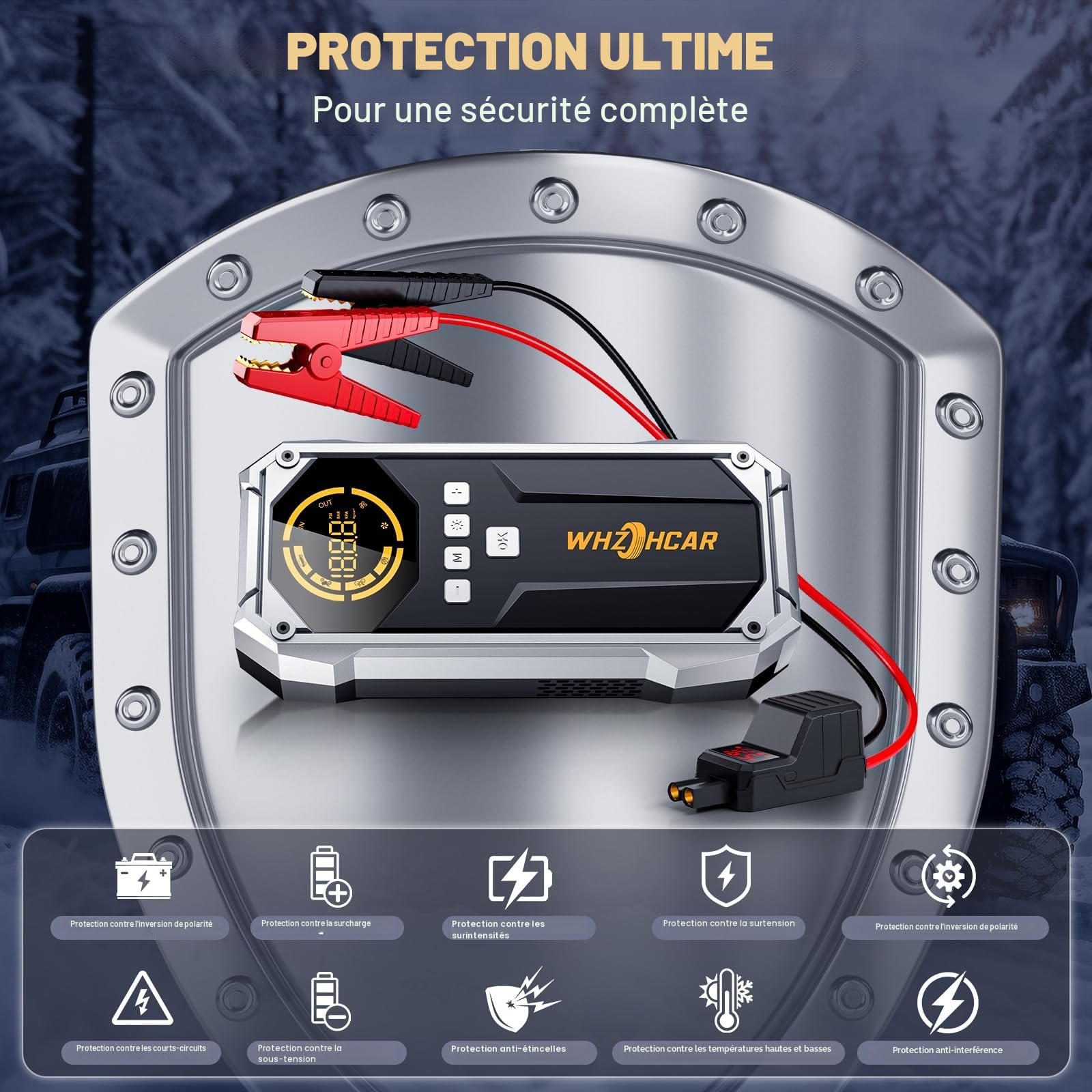 Booster Batterie Voiture 150PSI Compresseur 12V Jump Starter Diesel | Puissance 9000A PowerBank USB Pinces Sécurité LED Lumière Écran LCD pour Essence Moto Camion Hiver Voyage