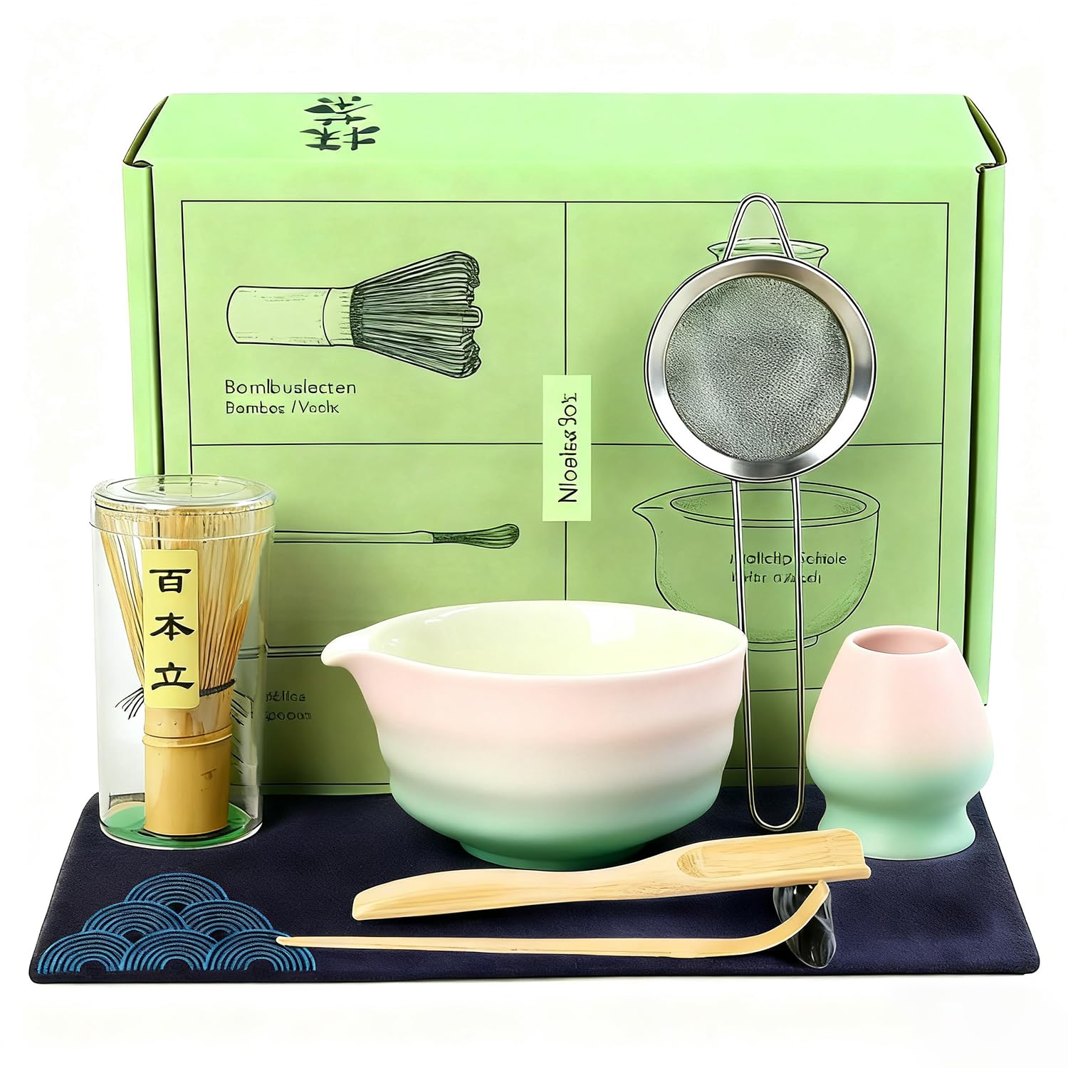 Matcha Set 7-teilig - Traditionelles Teezeremonie Set Mit Schale, Besen Und Zubehör In Rosa-Grün