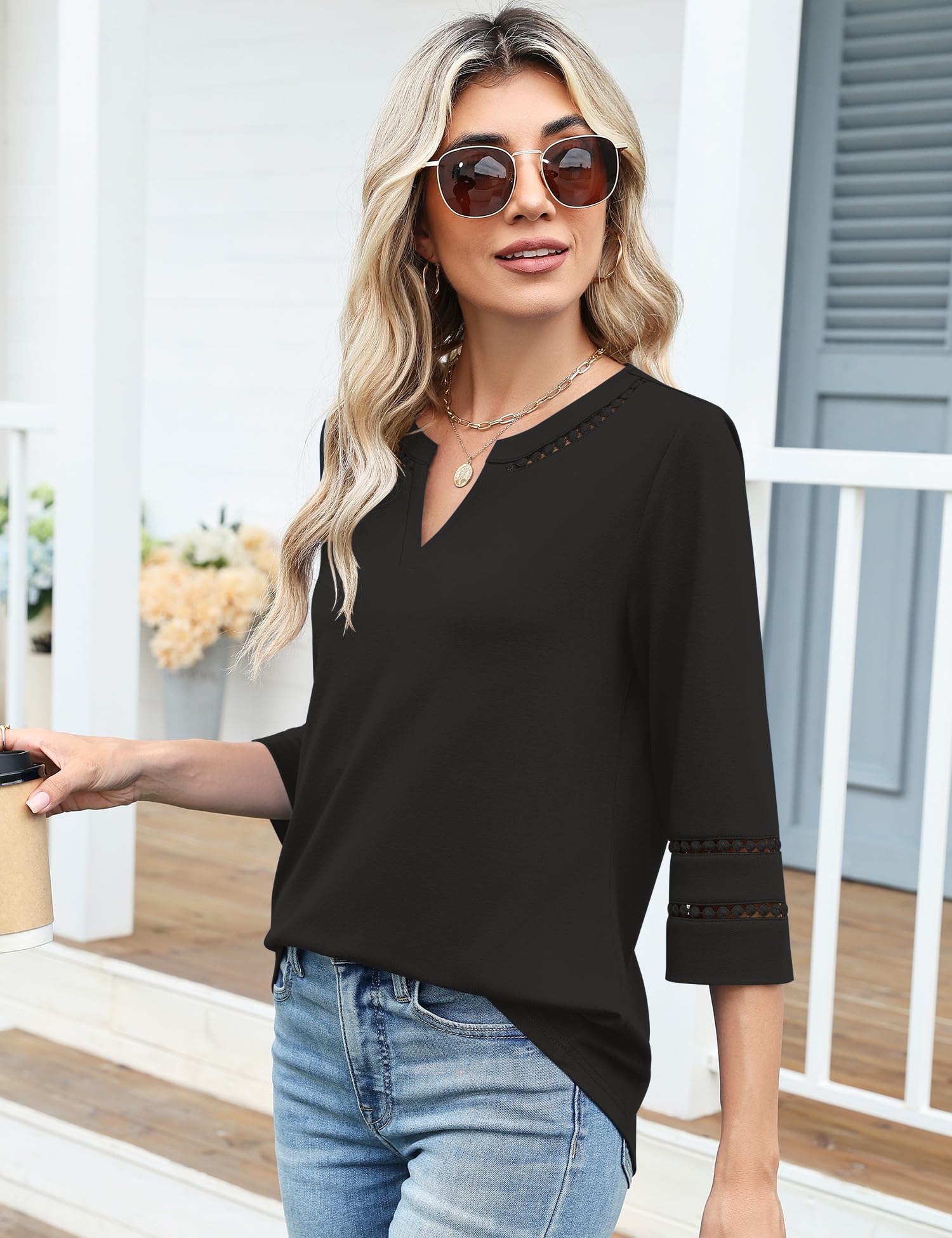Rapbin Bluse Damen Elegant 3/4 Arm Shirt V-Ausschnitt Sommer Tunika Spitze Bestickt Vintage Oberteil 2026 Mode Tops