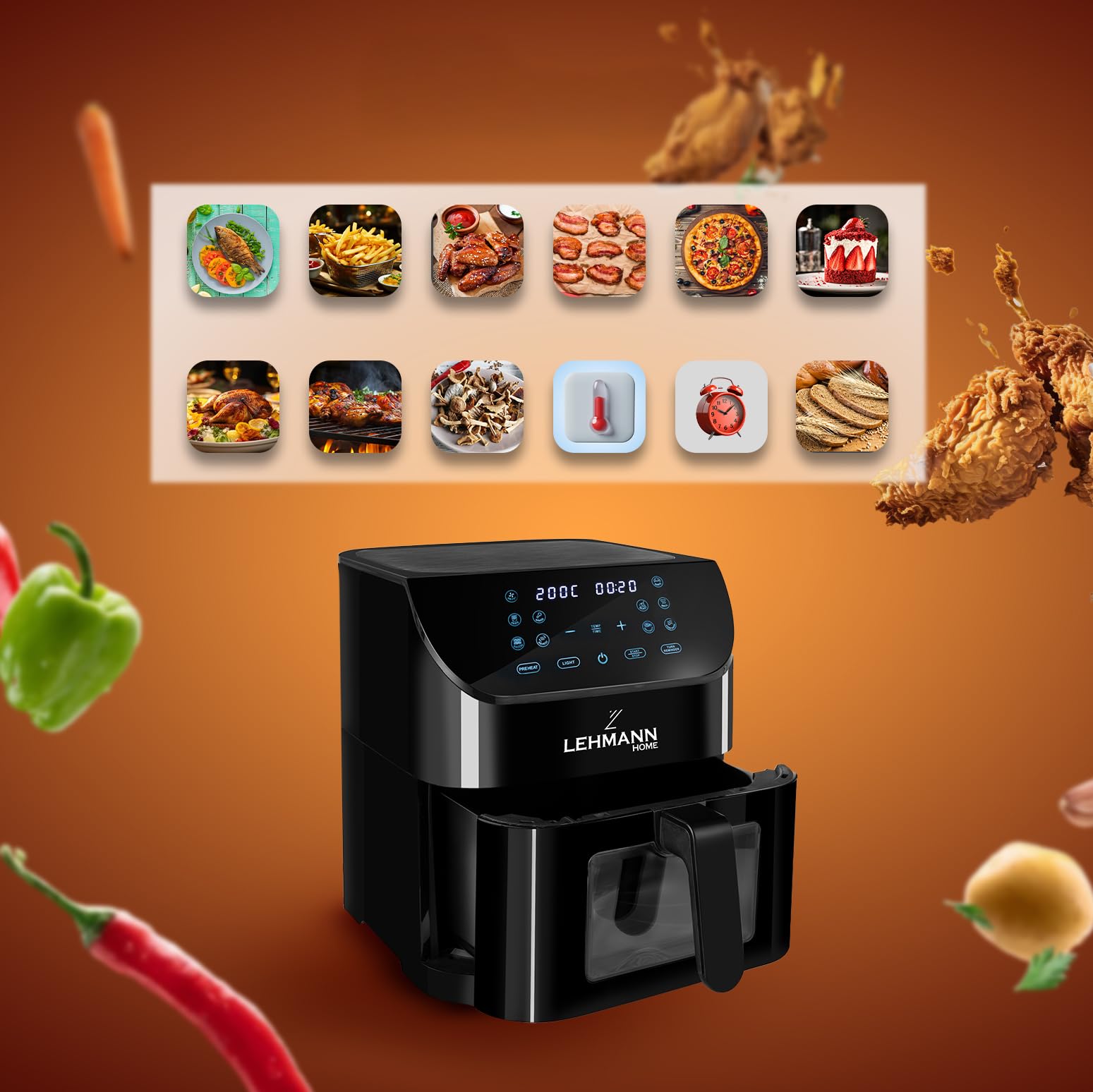LEHMANN Friggitrice ad Aria 8 Litri, Air Fryer XXL con Inserto Divisorio per Doppio Scomparto, Finestra di Visualizzazione, 12 Programmi & Regolazione Manuale 76–200°C, Lavabile in Lavastoviglie