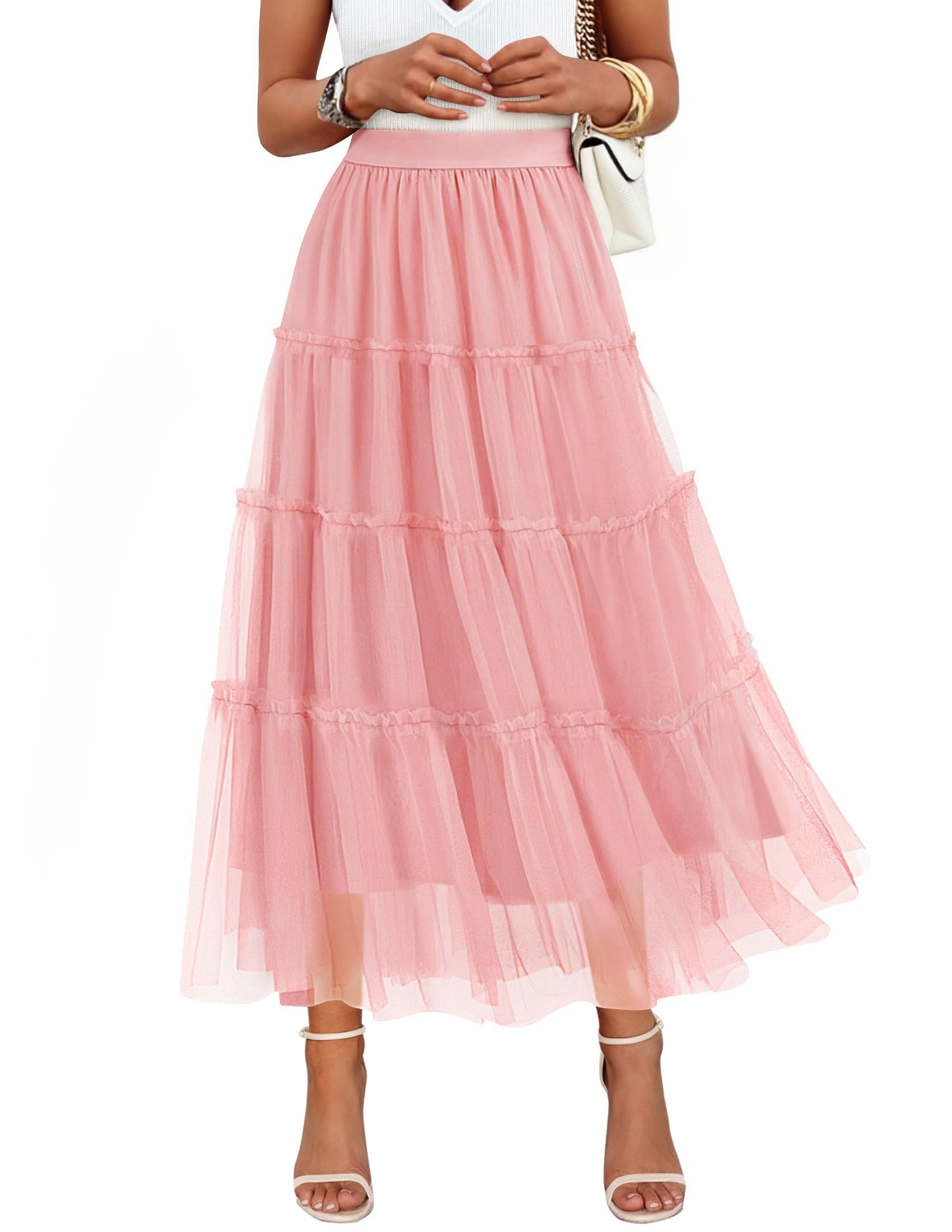 ZESICA Womens Tulle Maxi Skirt A-Line Flowy Ruffle Tiered Elastic High Waist 2026 Fall Trendy Midi Long Skirts