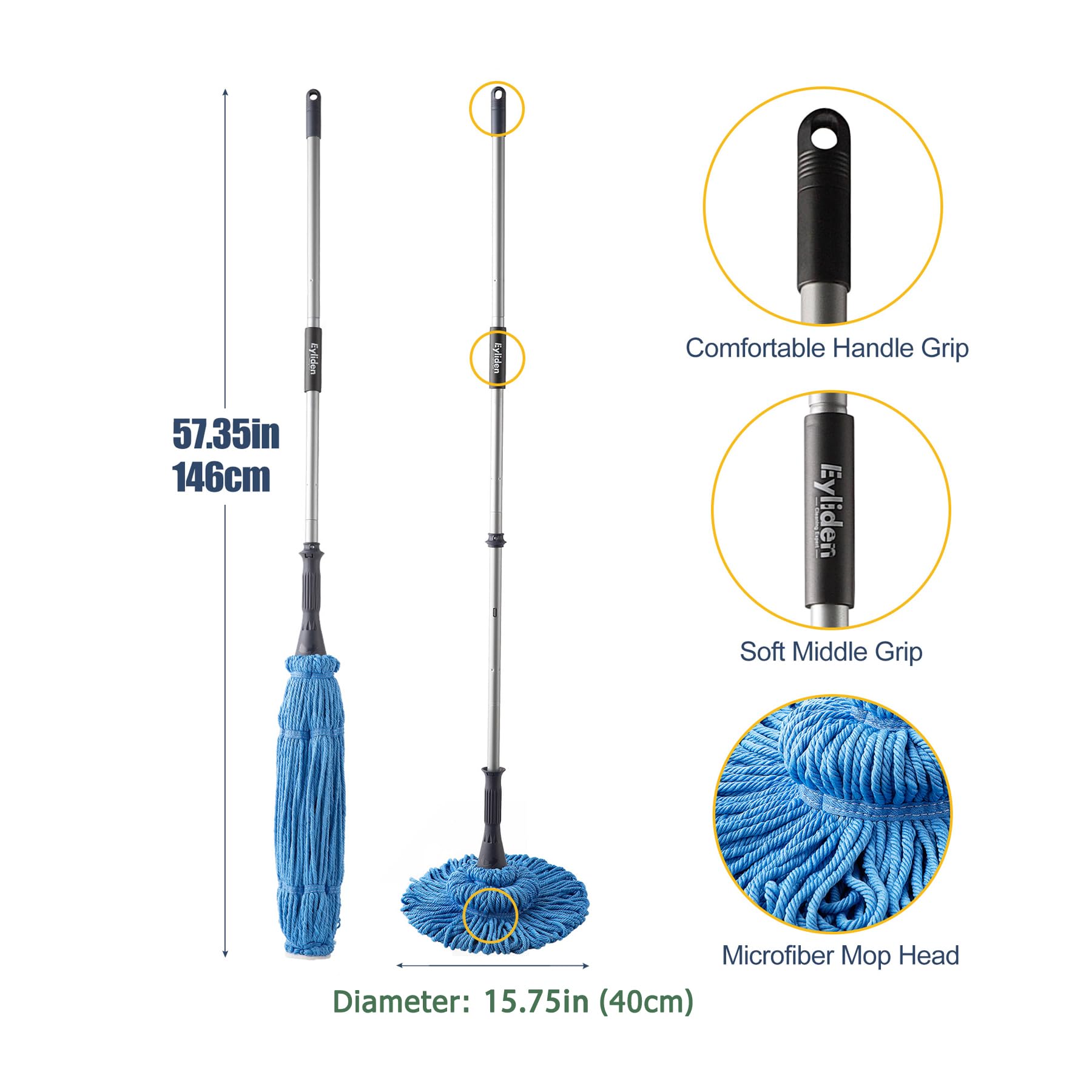 Eyliden Fregona con 2 mochos reutilizables, microfibra, fácil de escurrir, mango de 146 cm de largo, fregona húmeda para limpieza de suelos, limpieza de madera dura, vinilo, azulejos, etc., azul