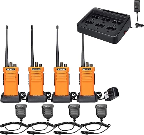 Retevis Radios RT29 de 2 vías (paquete de 4), cargador de 6 vías Walkie Talkie RT29 (1 paquete), Walkie Talkies resistentes con micrófono de habla