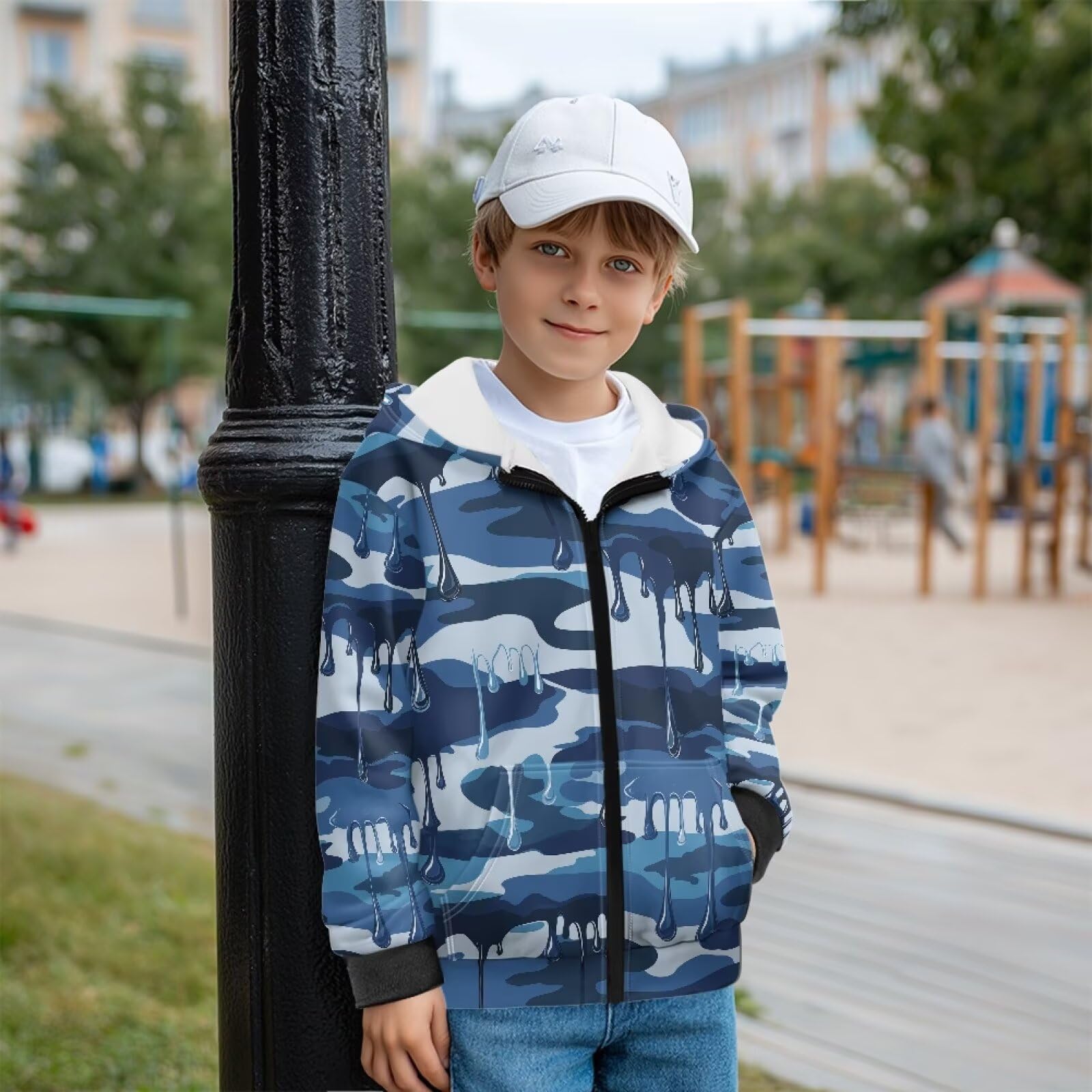 Xoenoiee Dziecięce bluzy z kapturem dla chłopców, zapinana na zamek, bluza 3D, fajna grafika zwierzęca, sweter z długim rękawem, top na jesień i zimę, Niebieski kamuflaż, 12-14 Years