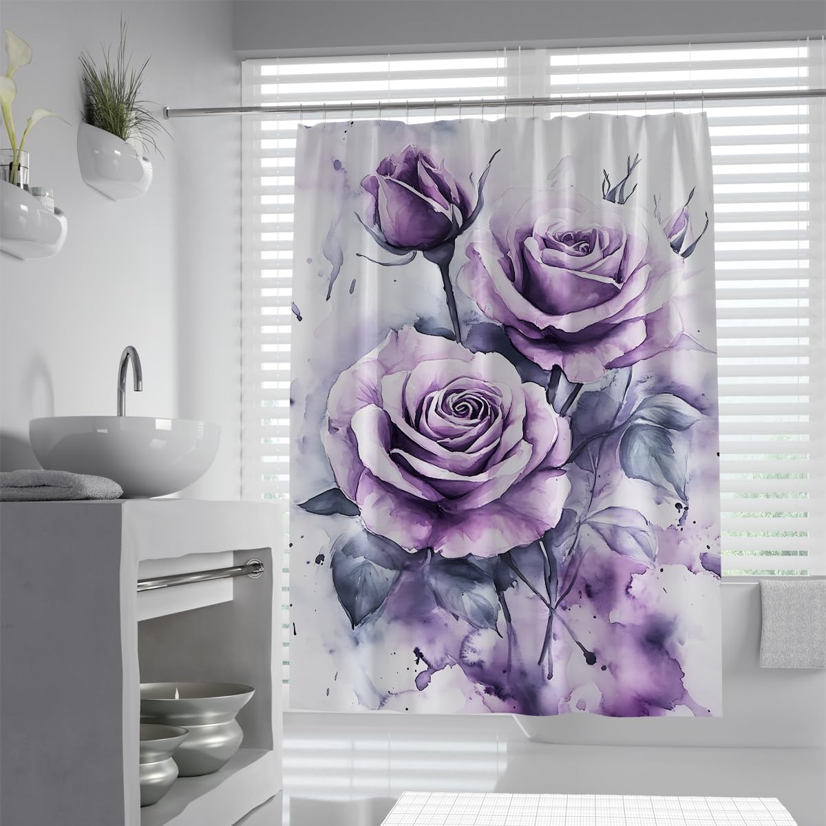 UERWOWELL Elegant Country Cottage Bathroom Decoration Curtain Purple Roses Watercolor Floral Shower Curtain Waterproof Polyester Fabric Bath Curtains W180xL180 cm