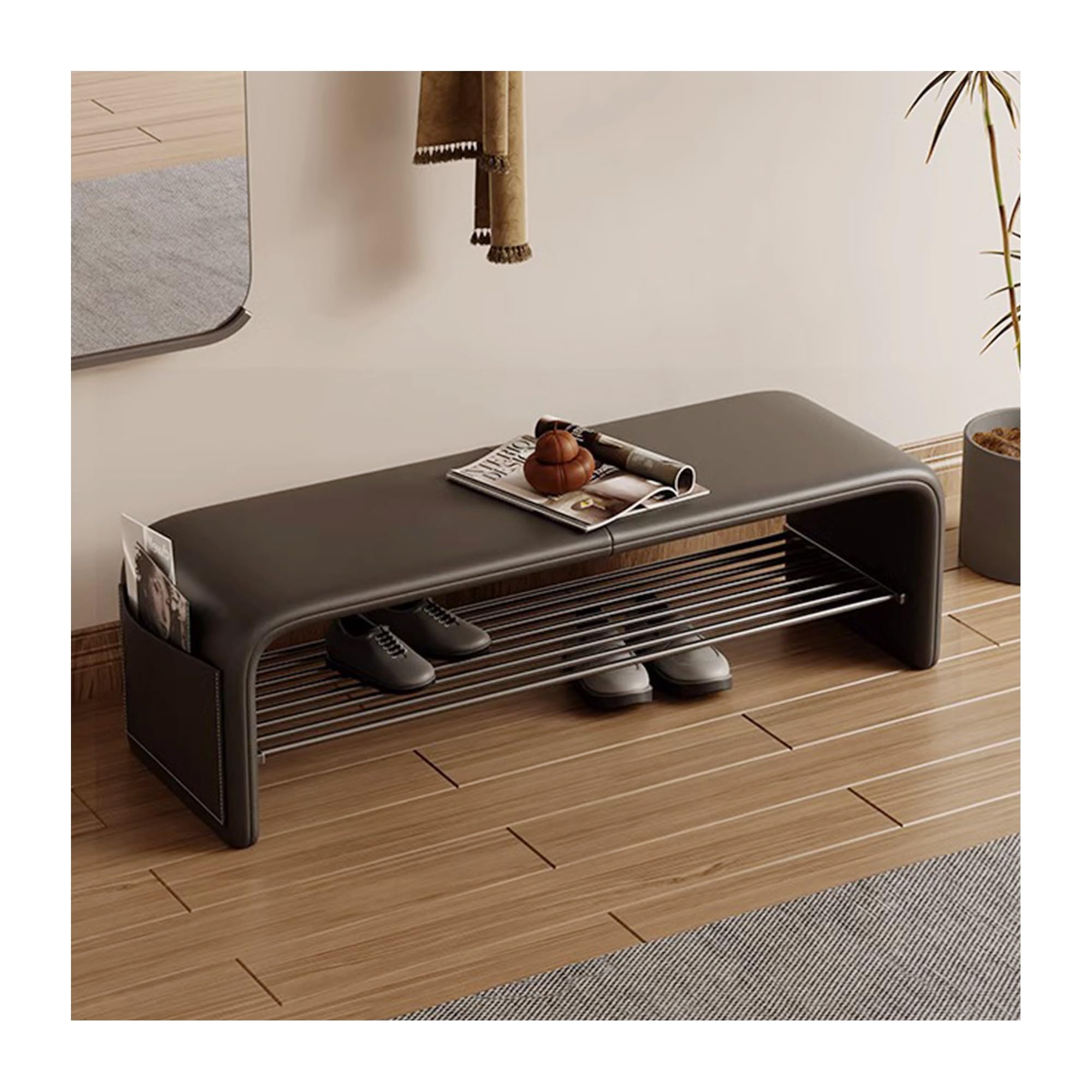 Banc de rangement à chaussures pour optimiser une entrée encombrée avec ce meuble gris