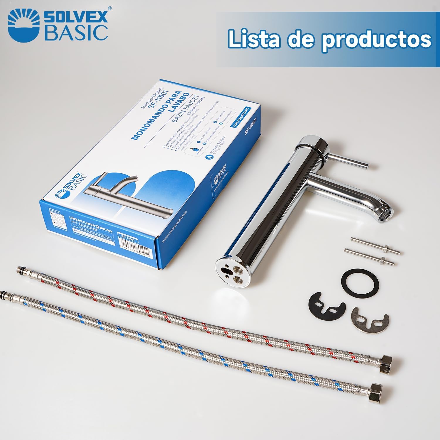 SOLVEX Grifo Alto Lavabo, Grifo Monomando lavabo Caño, Grifos para Lavabos de Baño Acero Inoxidable Cromado, Grifo de Lavabo, Agua Fria y Caliente Disponible, SF-11801