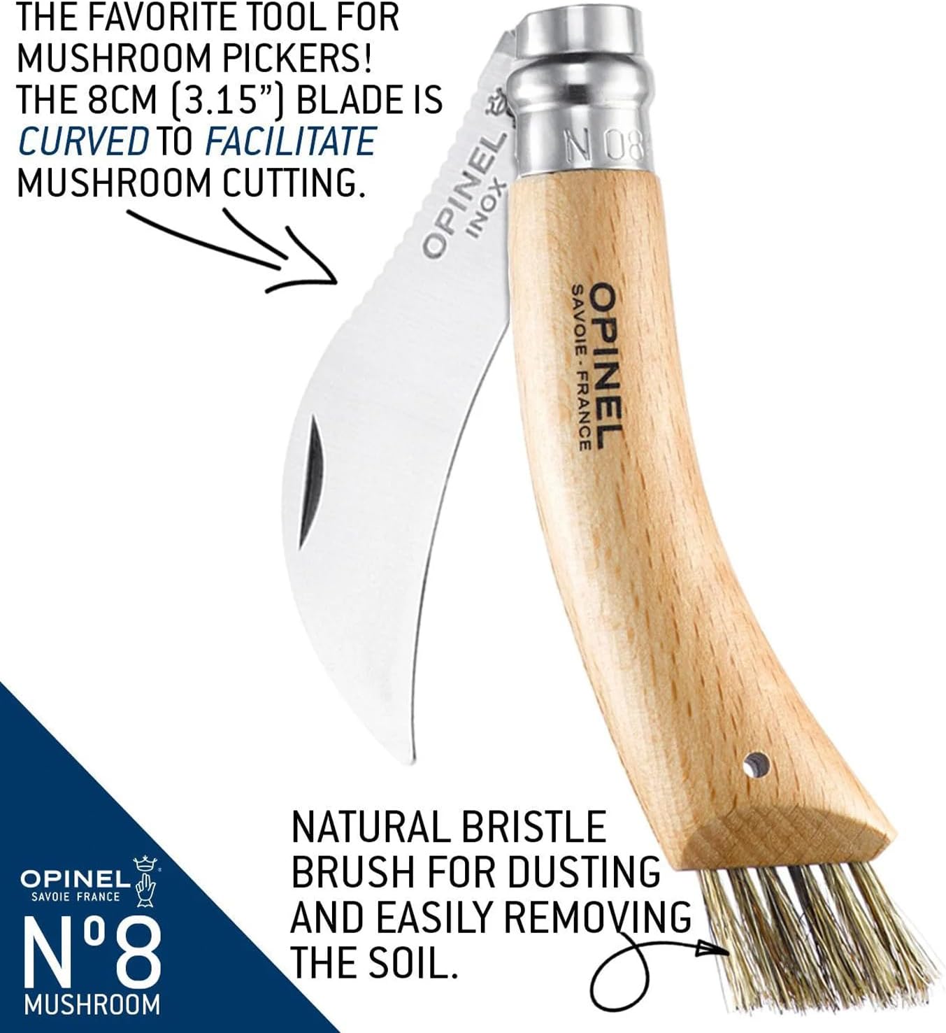 Opinel No. 08 Mushroom Knife – Pick + Clean Mushrooms, Beechwood Handle, Integrated Brush, Curved Sandvik Steel Blade, Made in France