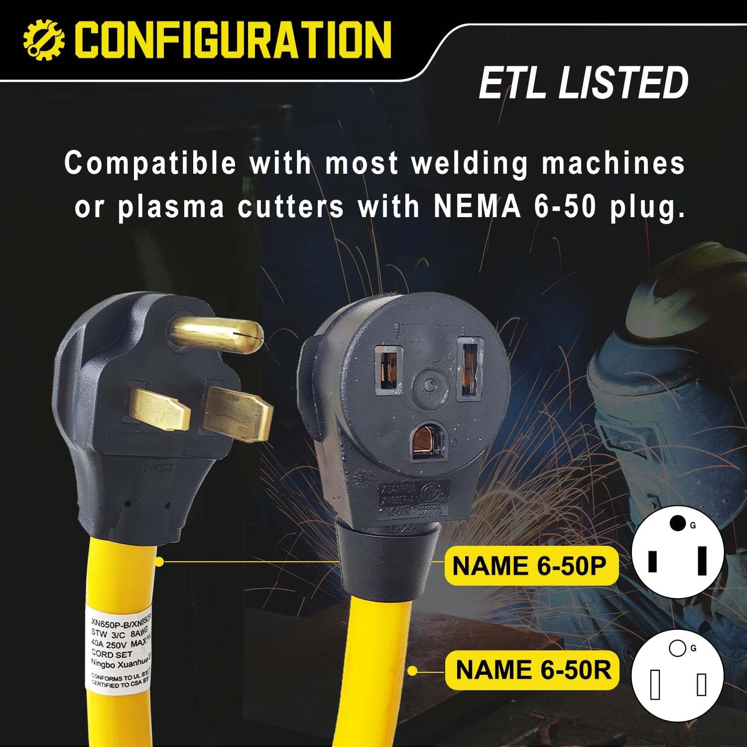25FT 250 Volt Welder Extension Cord 8 AWG for 40 Amp, 8 Gauge Power Extension for Welding Machine NEMA 6-50P to 6-50R