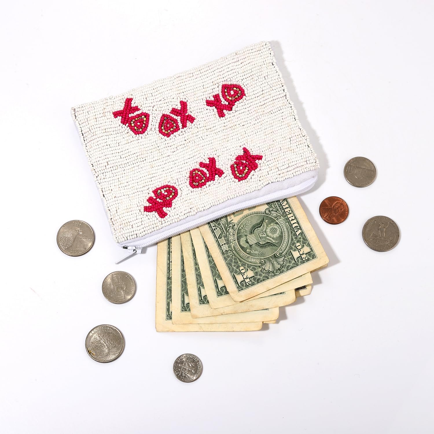 Valentine’s Day Coin Purse for Women, Beaded XOXO Heart Coin Purse Festive Pouch Bag Handmade Small Change Purse Wallet with Zipper Valentine’s Day Outfits Accessories Gifts (Style A) - Image 4