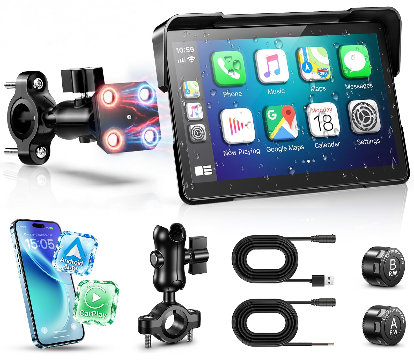YZW 7 Inch Wireless Motorcycle Carplay, GPS Navigation with Android Auto, Siri &amp; Google Assistant, USB Cable/Bluetooth 5.2/TMPS/Voice Control/IP69K Waterproof Touchscreen/Light Sensor/Quick Release