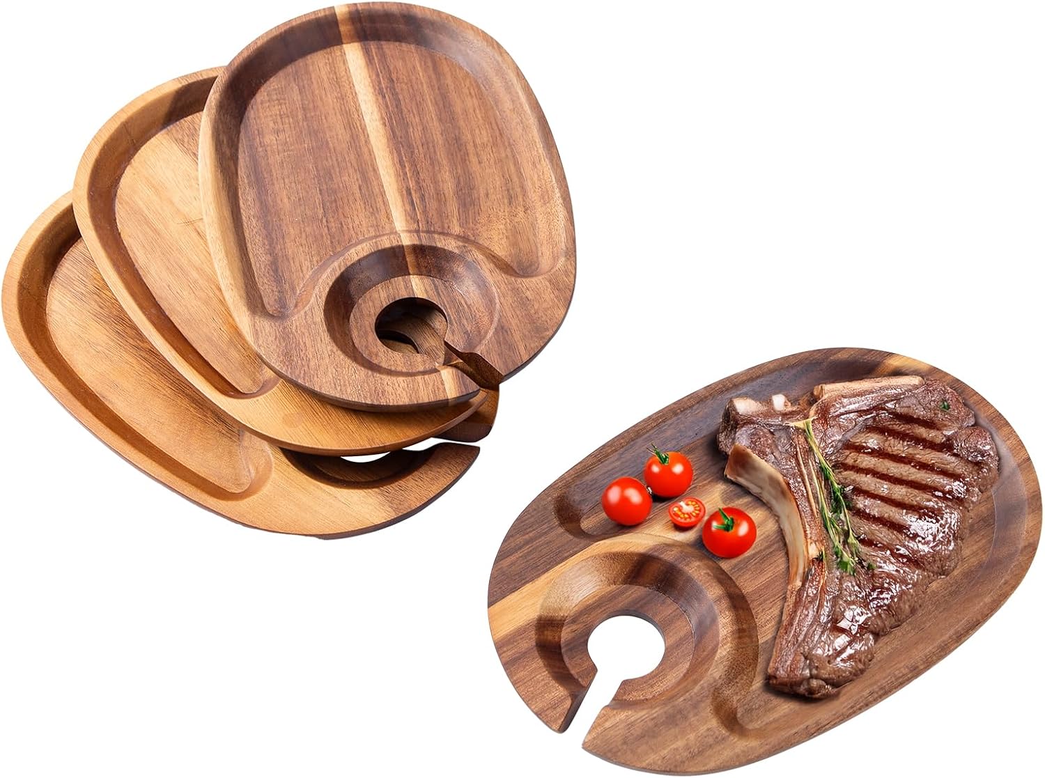 Wood Appetizer Plates Set of 4 With Wine Glass Holder - Small Cheese Board for Wine and Housewarming Party, Birthday (Acacia)