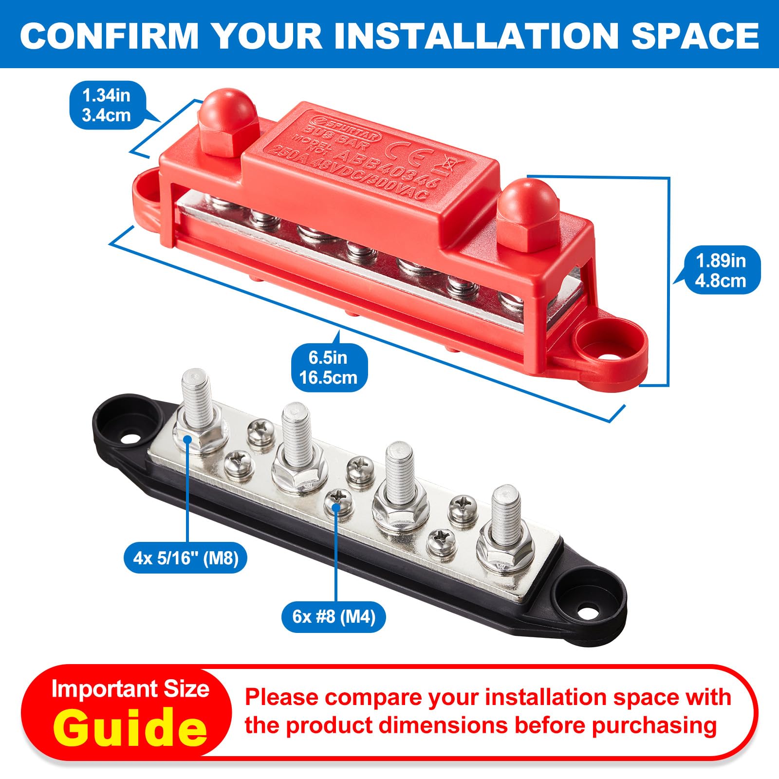 Spurtar Blocchi di Distribuzione di Corrente 4 x M8 Bulloni e 6x M4 Viti, 12 V-48 V guide di distribuzione DC con copertura, gancio per barche
