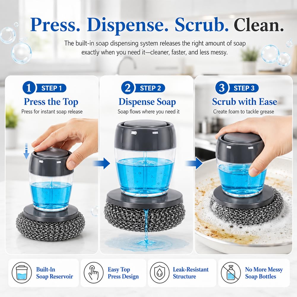 Scrub da cucina con erogazione di sapone con 6 testine, spazzola per la pulizia della cucina erogatrice di liquidi a pressione, serbatoio integrato per detersivo, per piatti, pentole, padelle (2 + 6