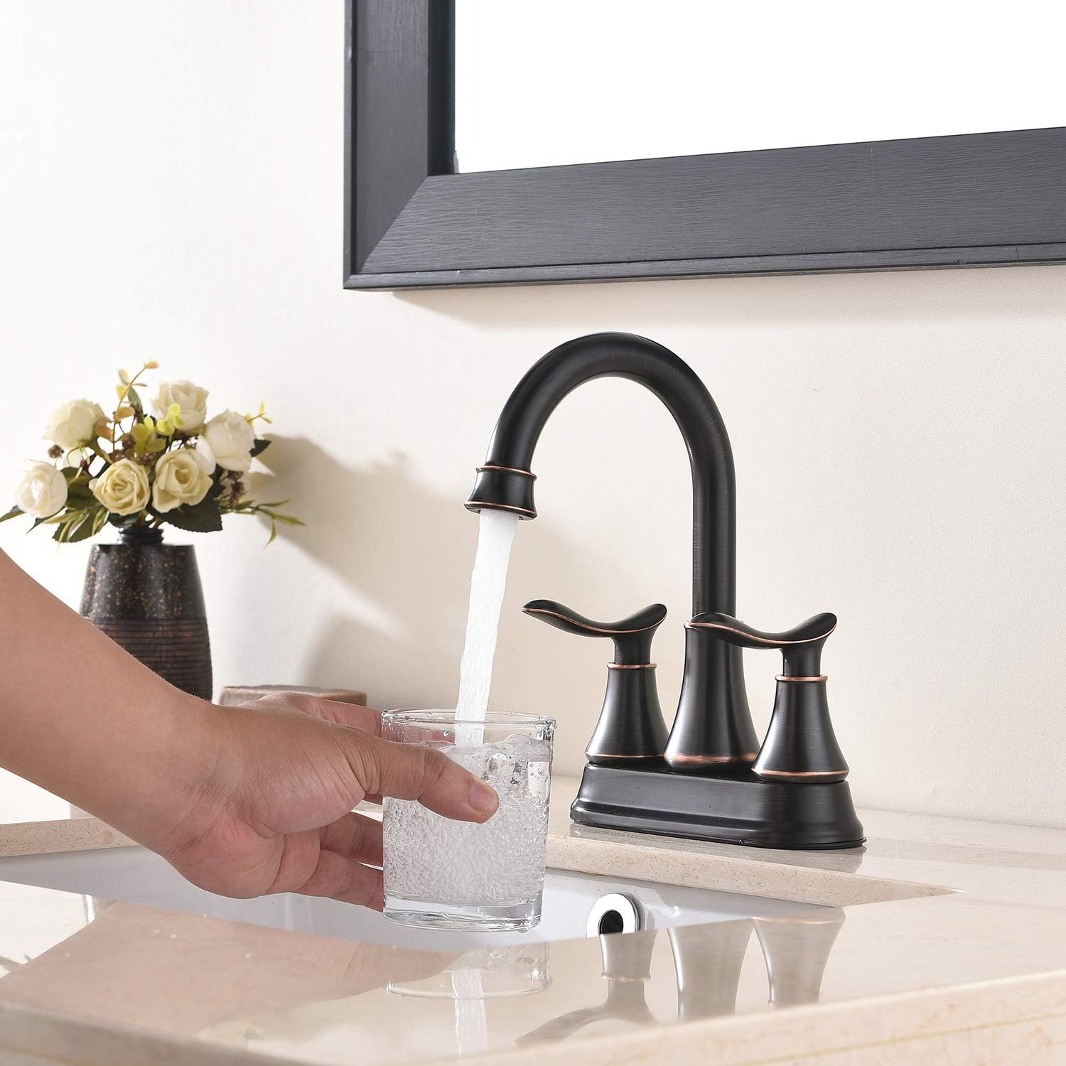 KINGO HOME Modern 2 Handle Oil Rubbed Bronze Bathroom Faucet, Bronze Bathroom Faucets RV Rubbed Bronze Bath Vanity Faucet for Sink 3 Hole with Water Supply Lines and Pop Up Drain